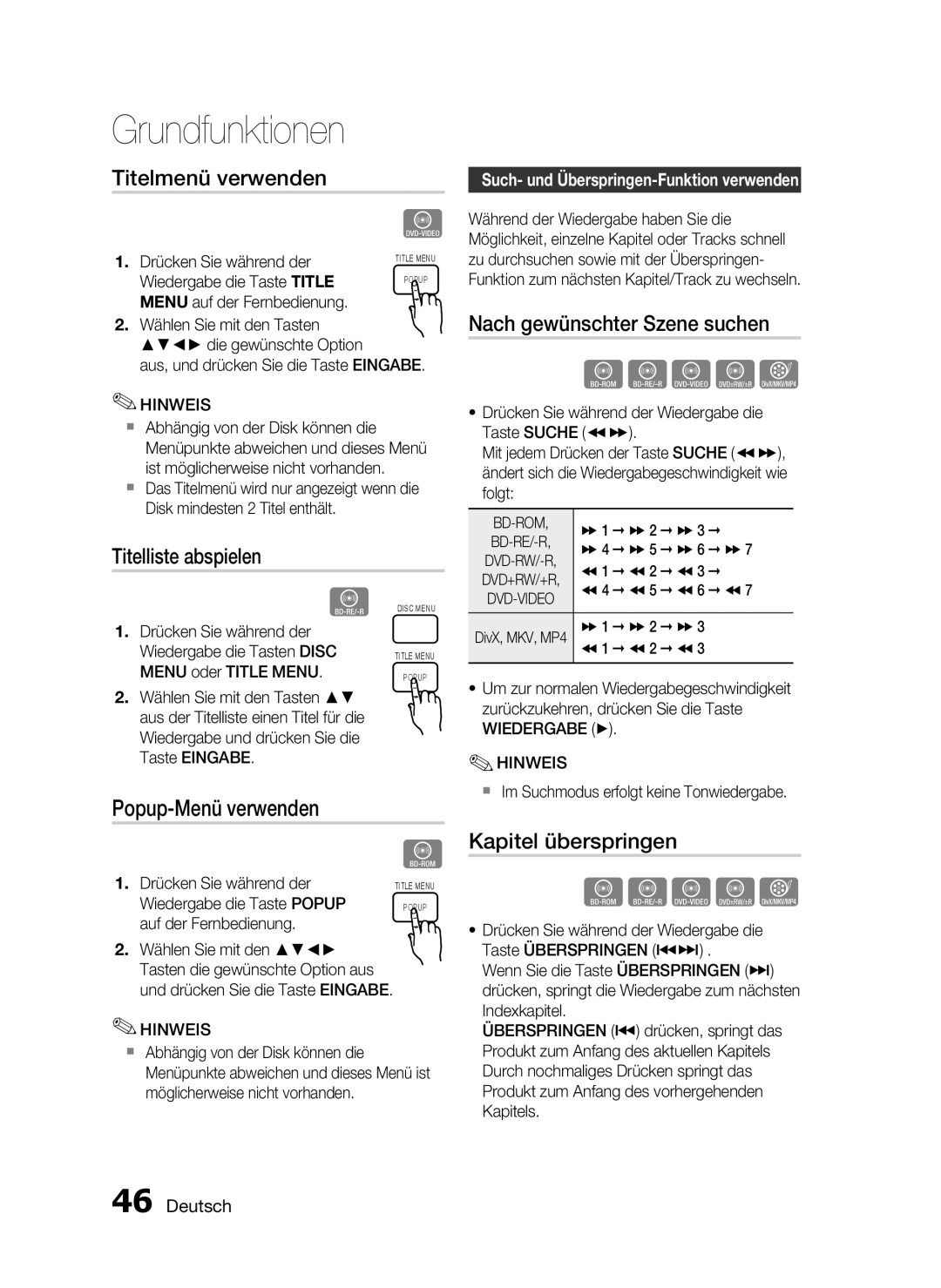 Samsung HT-C7550W/EDC manual Titelmenü verwenden, Titelliste abspielen, Popup-Menü verwenden, Nach gewünschter Szene suchen 