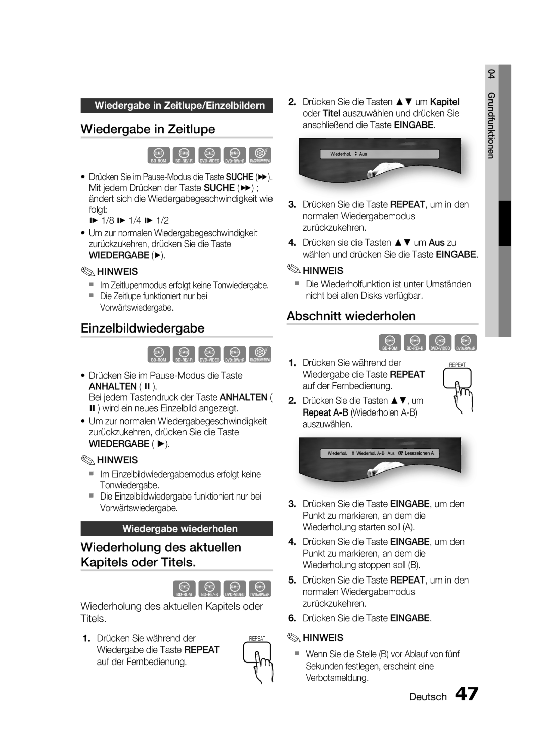 Samsung HT-C7550W/XEN manual Wiedergabe in Zeitlupe, Einzelbildwiedergabe, Wiederholung des aktuellen Kapitels oder Titels 