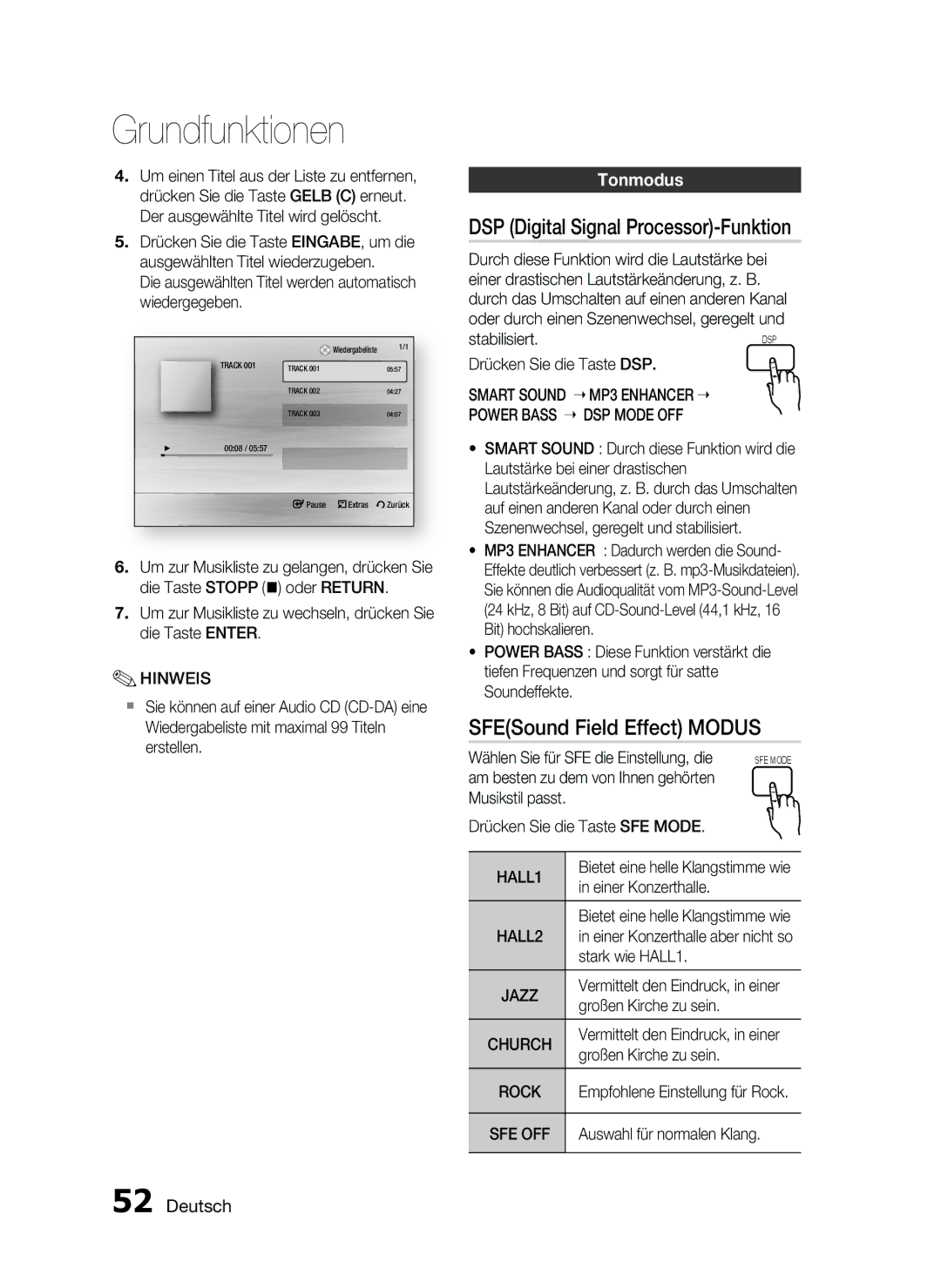 Samsung HT-C7550W/EDC, HT-C7559W/XEG manual DSP Digital Signal Processor-Funktion, SFESound Field Effect Modus, Tonmodus 