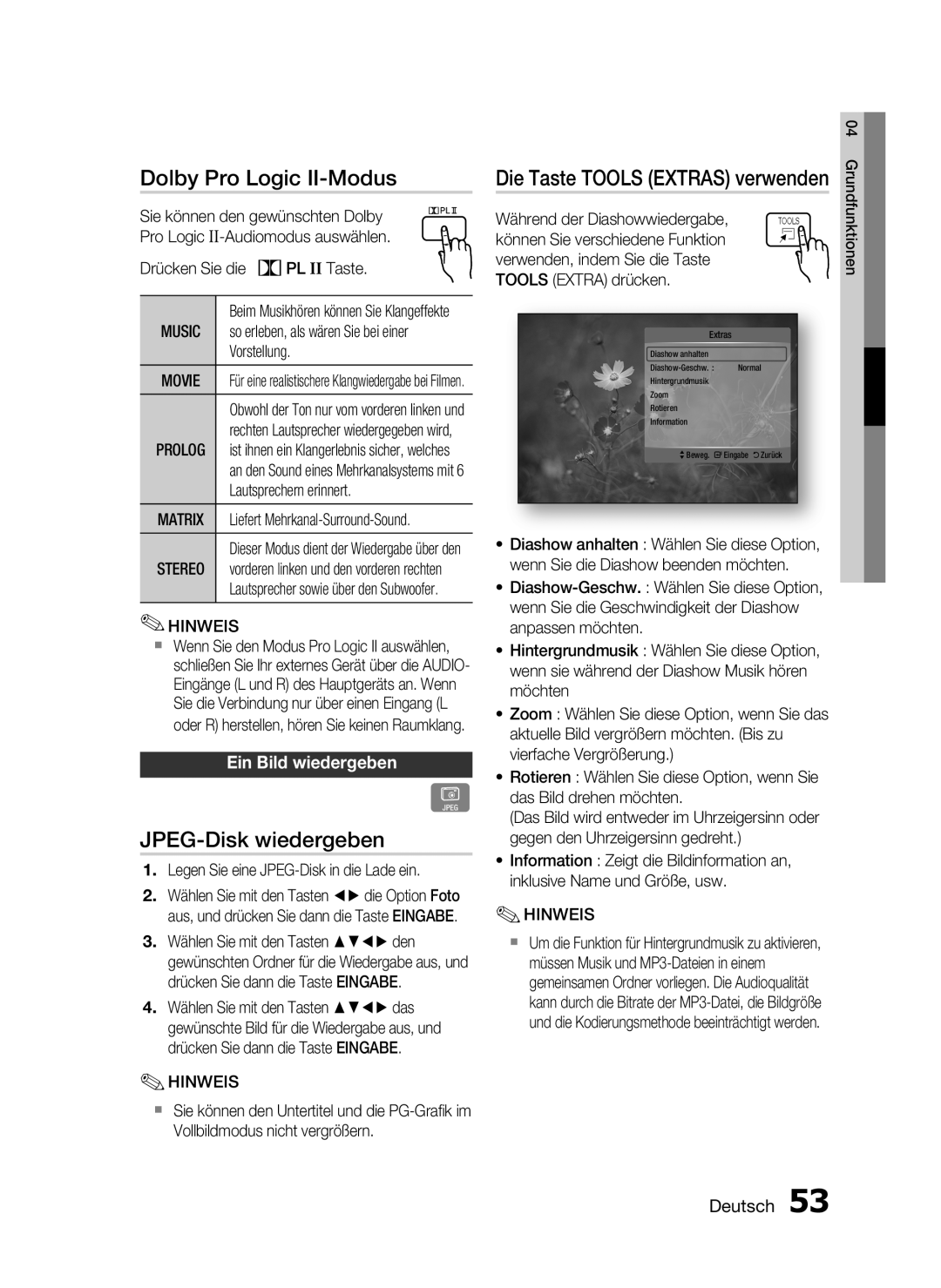 Samsung HT-C7550W/XEN, HT-C7559W/XEG manual Dolby Pro Logic II-Modus, JPEG-Disk wiedergeben, Ein Bild wiedergeben, Music 