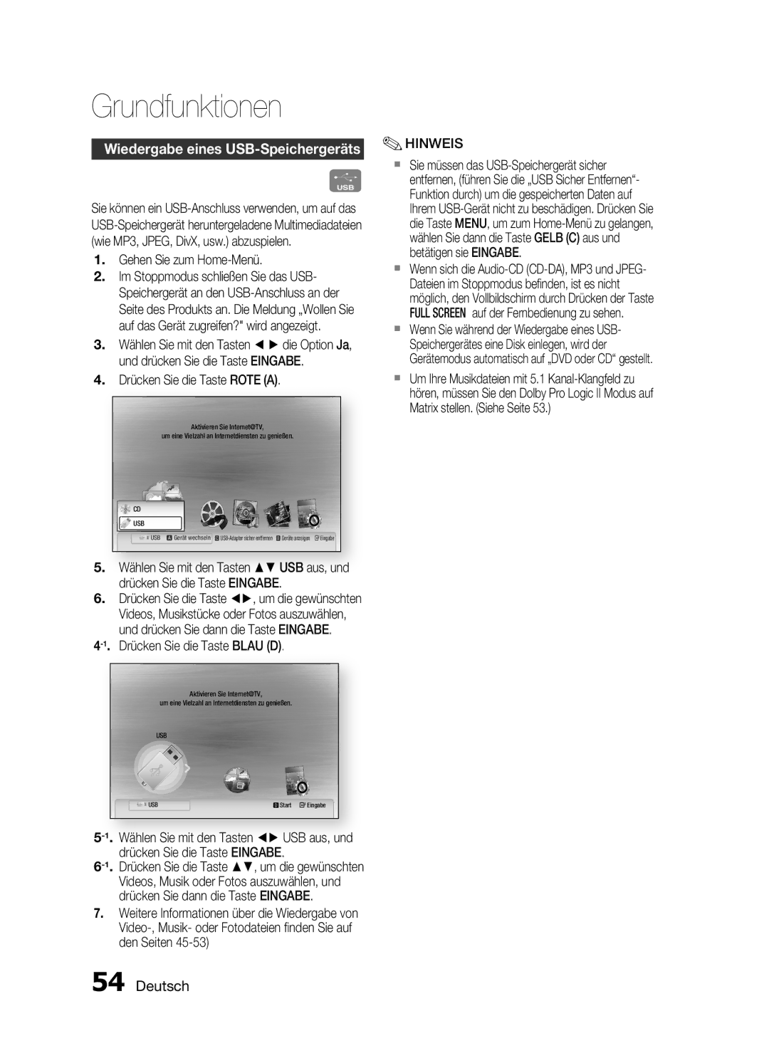 Samsung HT-C7559W/XEG manual Wiedergabe eines USB-Speichergeräts, Gehen Sie zum Home-Menü, Drücken Sie die Taste Rote a 