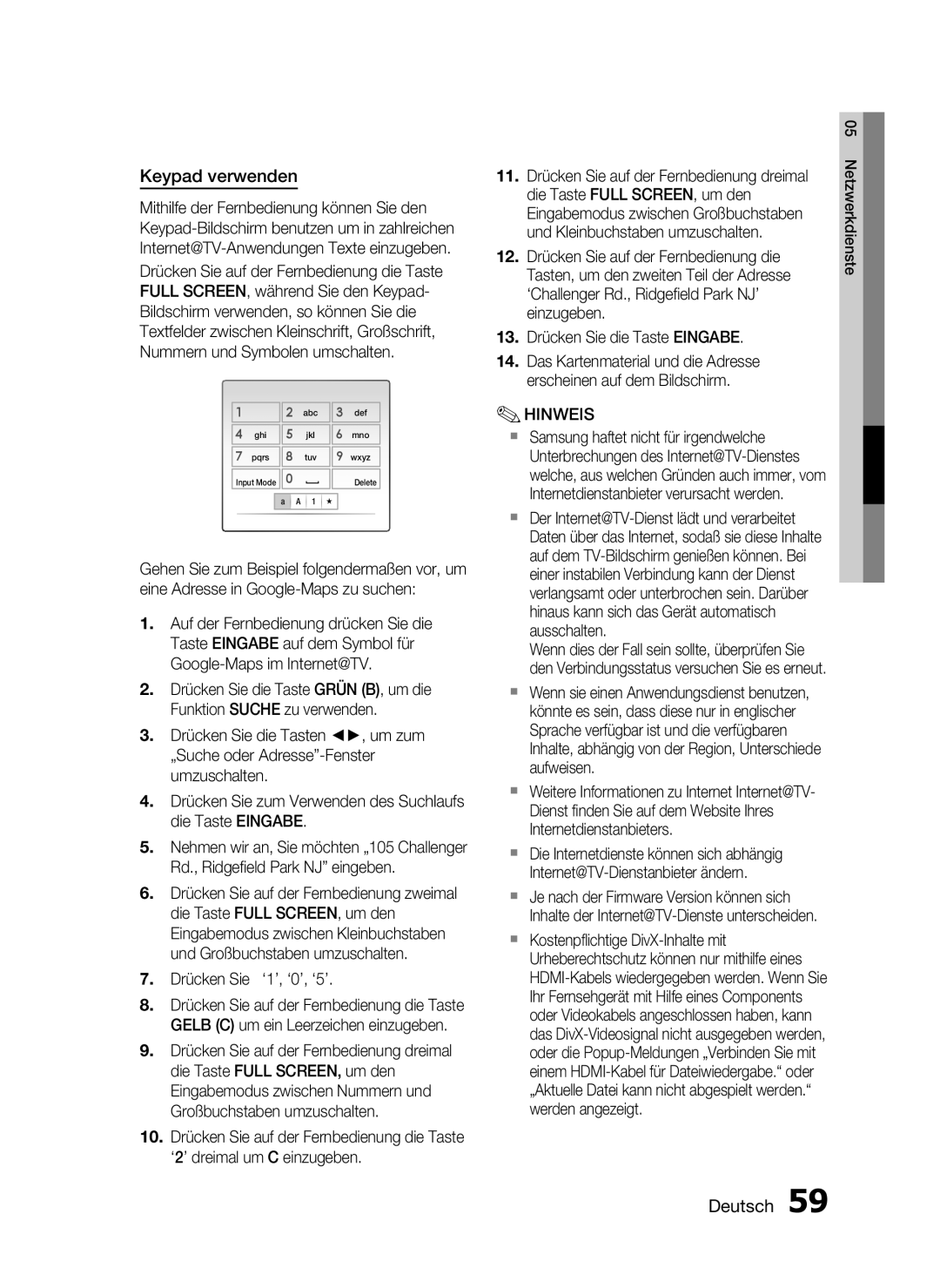 Samsung HT-C7550W/XEN, HT-C7559W/XEG, HT-C7550W/EDC manual Keypad verwenden, Drücken Sie ‘1’, ‘0’, ‘5’ 