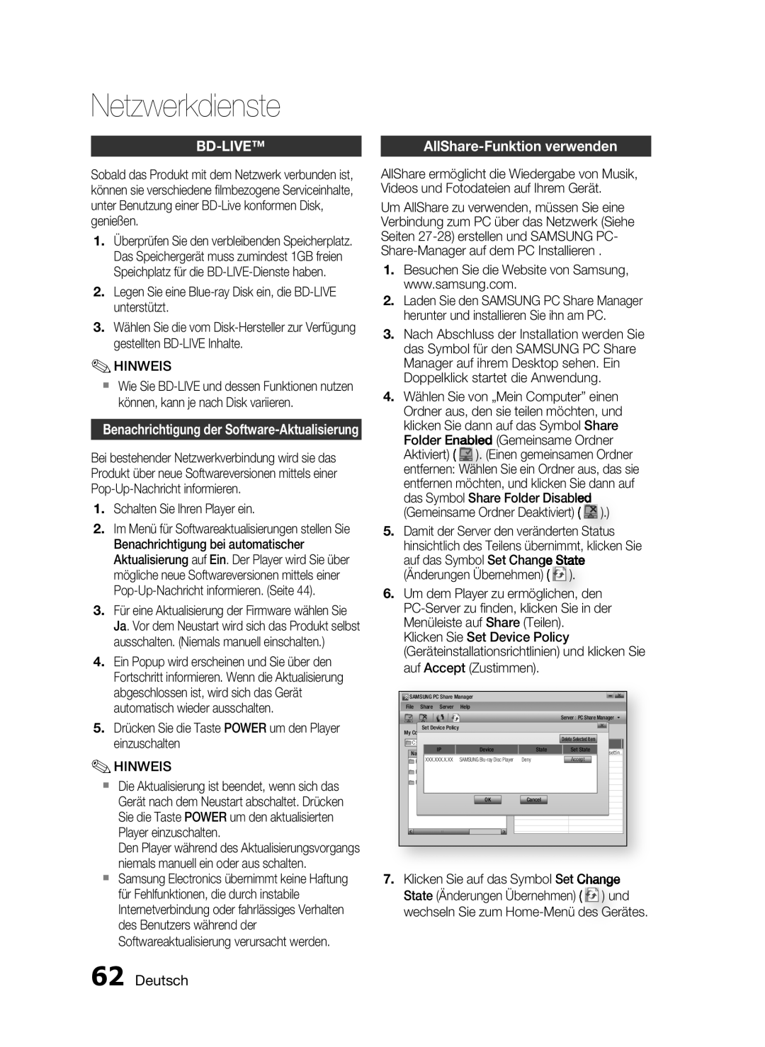 Samsung HT-C7550W/XEN, HT-C7559W/XEG, HT-C7550W/EDC manual Bd-Live, Schalten Sie Ihren Player ein 