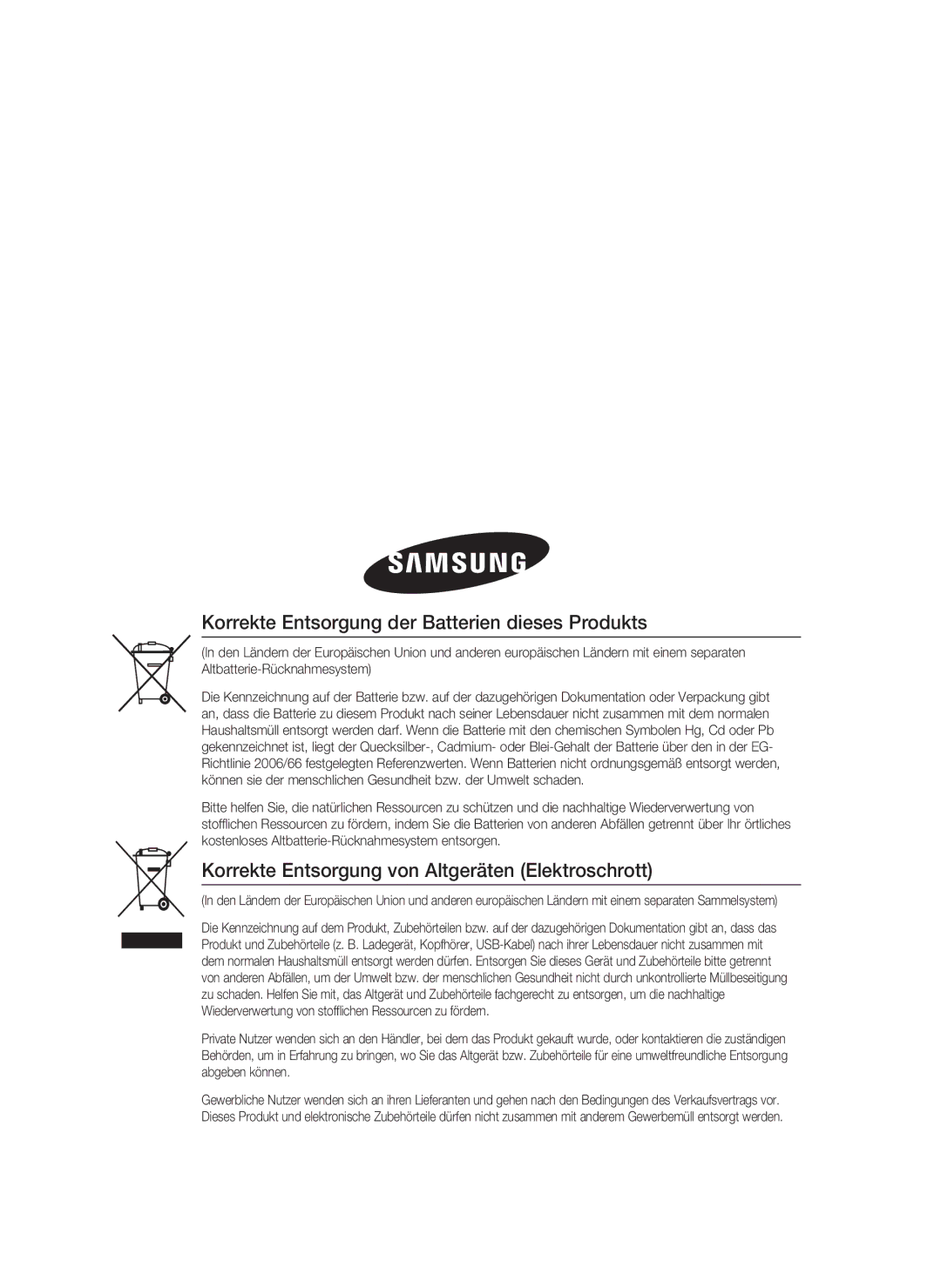 Samsung HT-C7550W/EDC, HT-C7559W/XEG, HT-C7550W/XEN manual Korrekte Entsorgung der Batterien dieses Produkts 