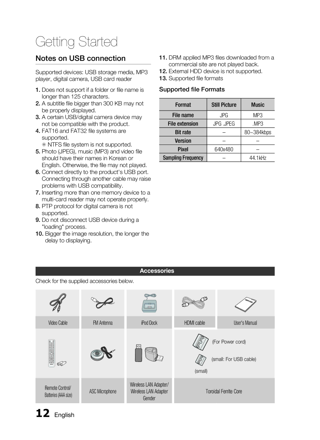 Samsung HT-C755W/MEA, HT-C7550W/MEA manual Supported file Formats, Accessories 