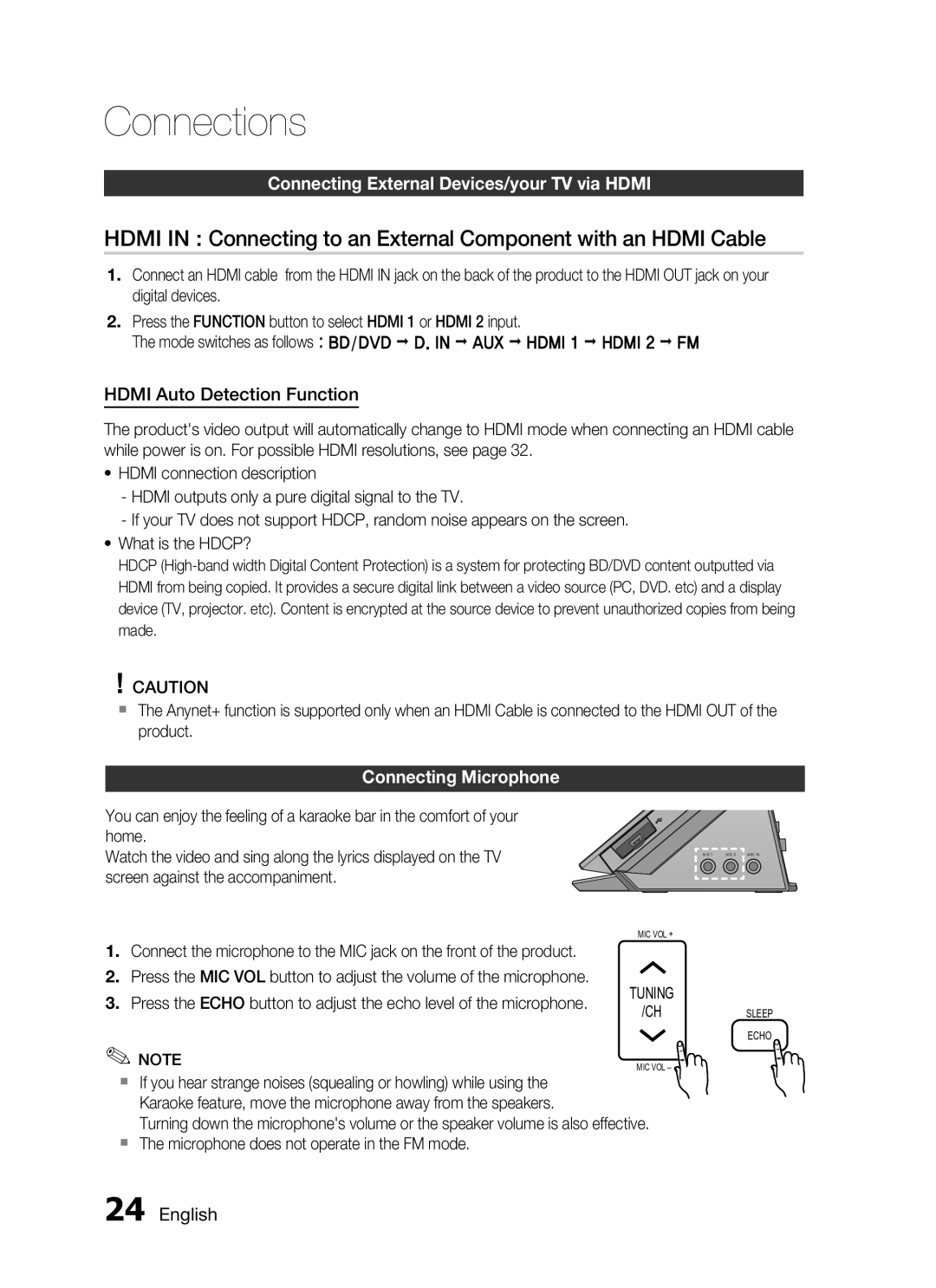 Samsung HT-C755W/MEA, HT-C7550W/MEA manual Hdmi Auto Detection Function, Connecting Microphone 