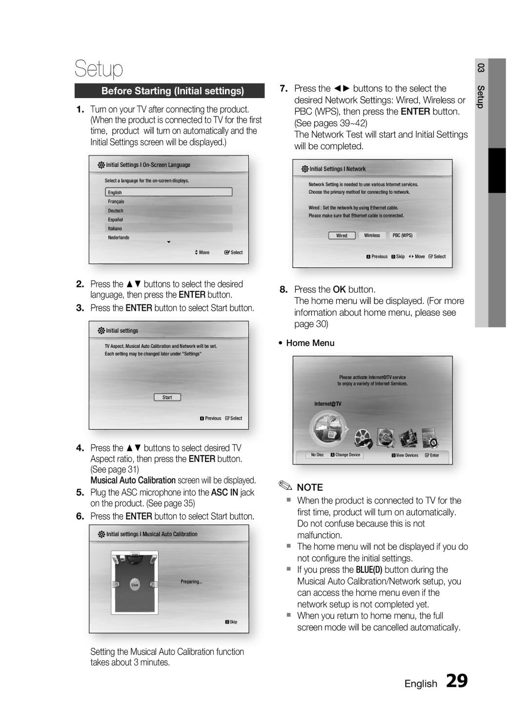 Samsung HT-C7550W/MEA, HT-C755W/MEA Setup, Before Starting Initial settings, Press the Enter button to select Start button 