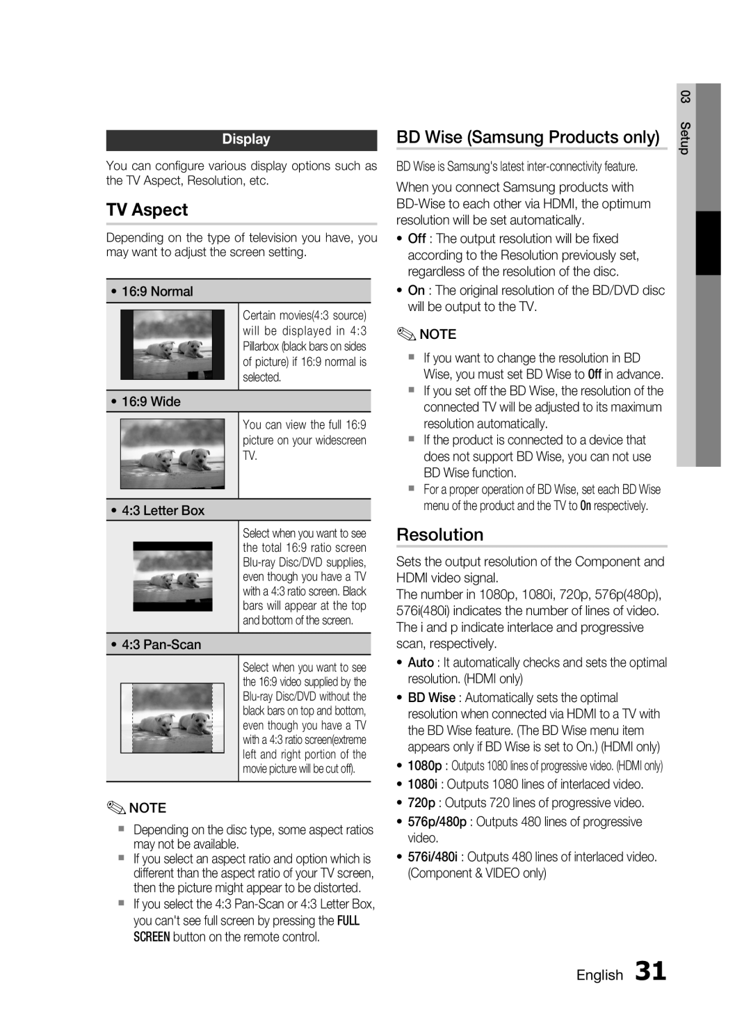 Samsung HT-C7550W/MEA, HT-C755W/MEA manual BD Wise Samsung Products only, Resolution, Display, Pan-Scan 