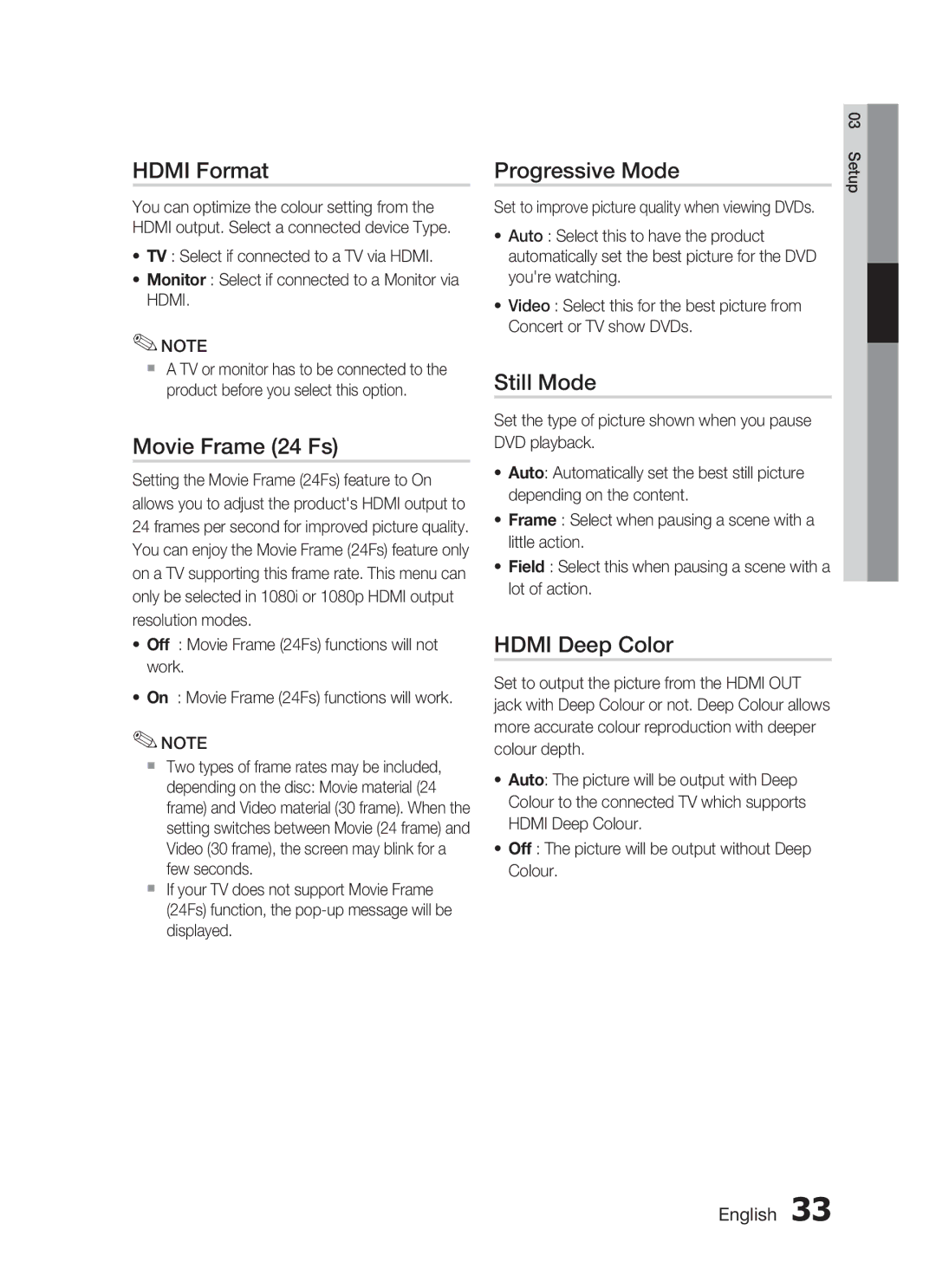 Samsung HT-C7550W/MEA, HT-C755W/MEA manual Hdmi Format, Movie Frame 24 Fs, Progressive Mode, Still Mode, Hdmi Deep Color 