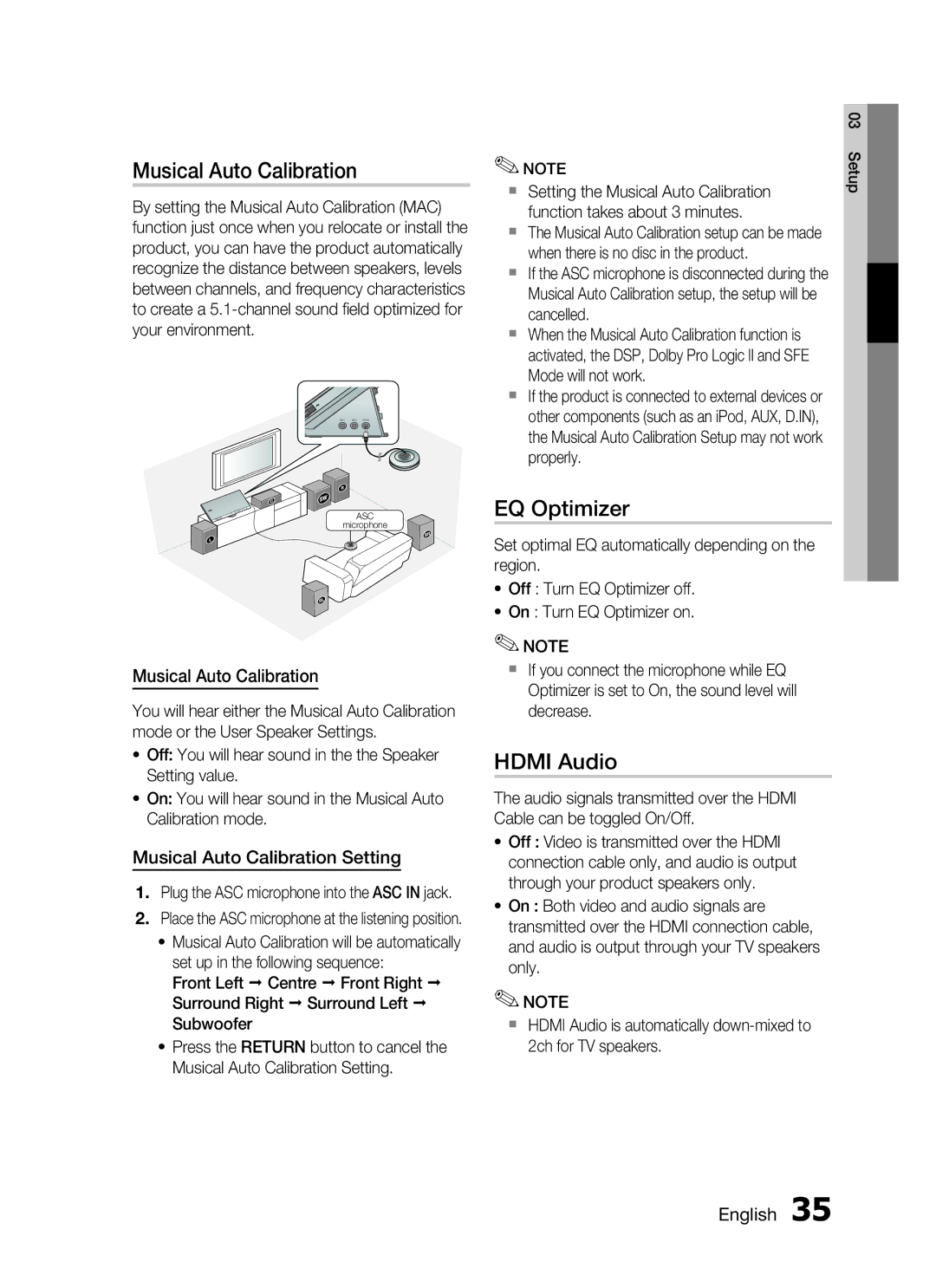 Samsung HT-C7550W/MEA, HT-C755W/MEA manual EQ Optimizer, Hdmi Audio, Musical Auto Calibration Setting 