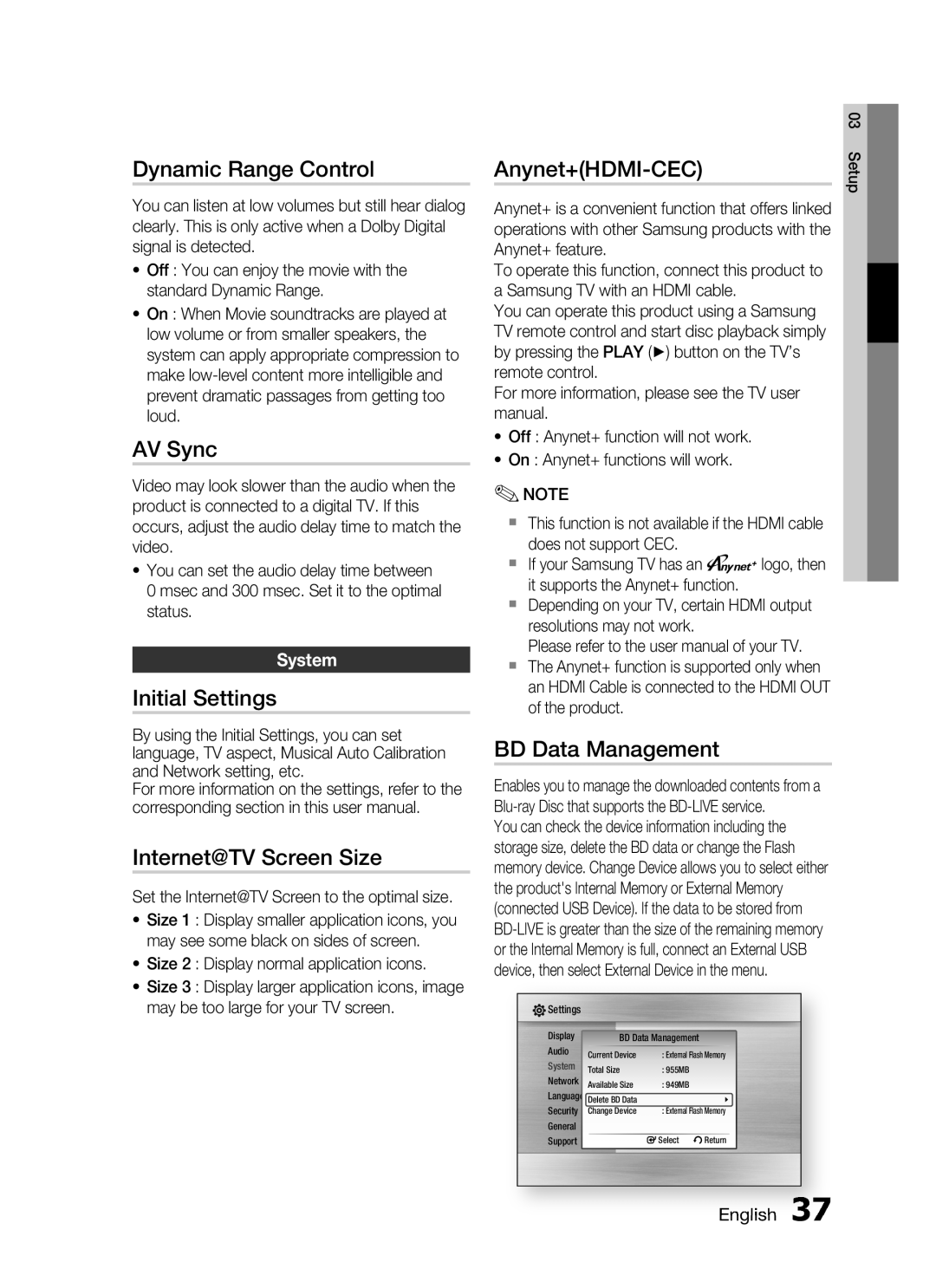 Samsung HT-C7550W/MEA manual Dynamic Range Control, AV Sync, Initial Settings, Internet@TV Screen Size, Anynet+HDMI-CEC 