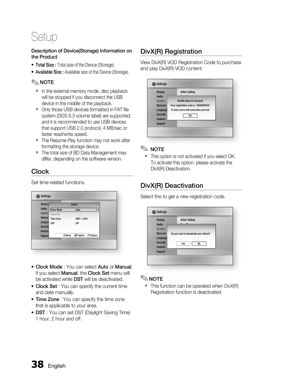 Samsung HT-C755W/MEA, HT-C7550W/MEA manual Clock, DivXR Registration, DivXR Deactivation, Set time-related functions 