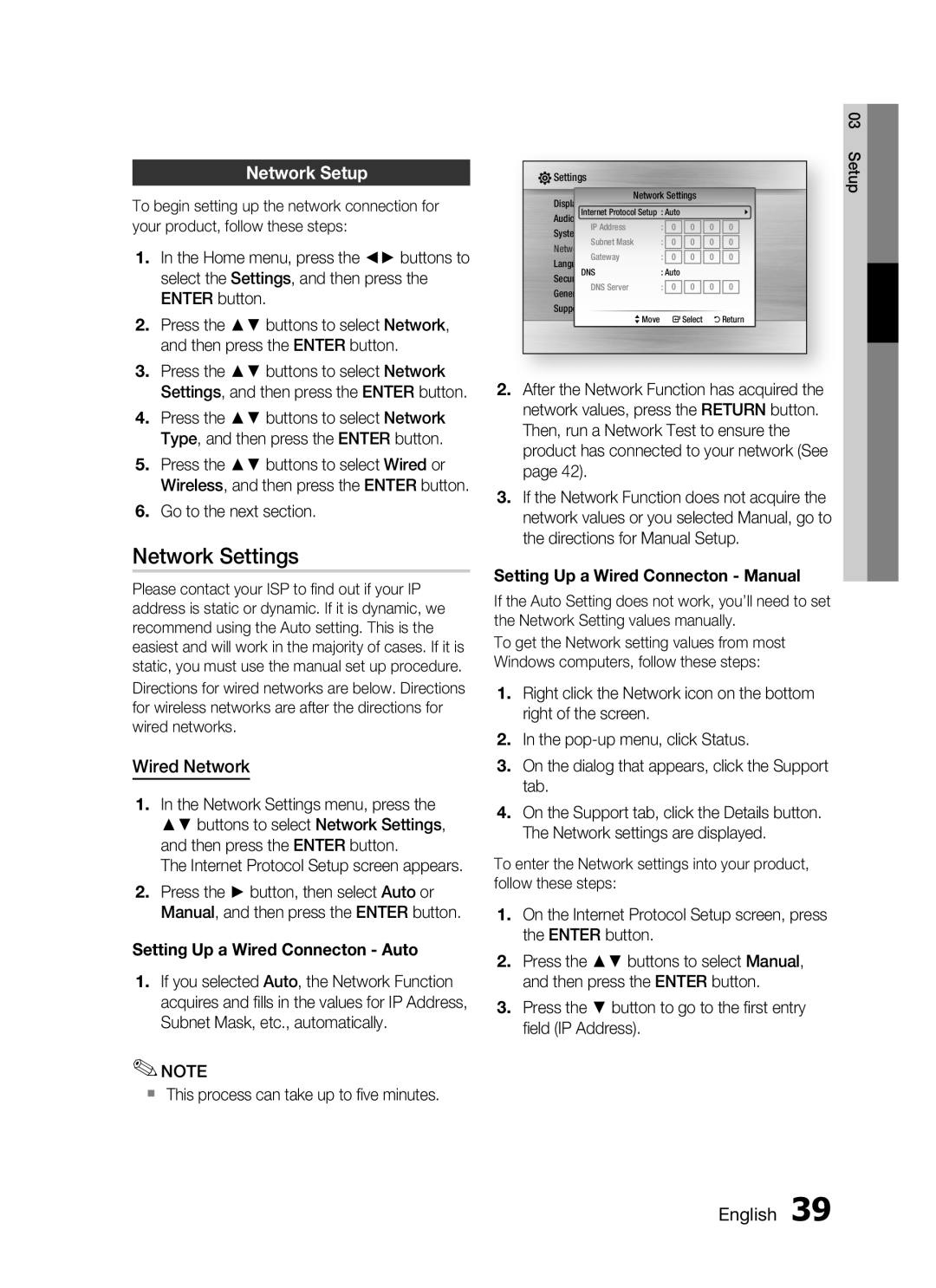 Samsung HT-C7550W/MEA, HT-C755W/MEA manual Network Settings, Network Setup, Wired Network, Setting up a Wired Connecton auto 