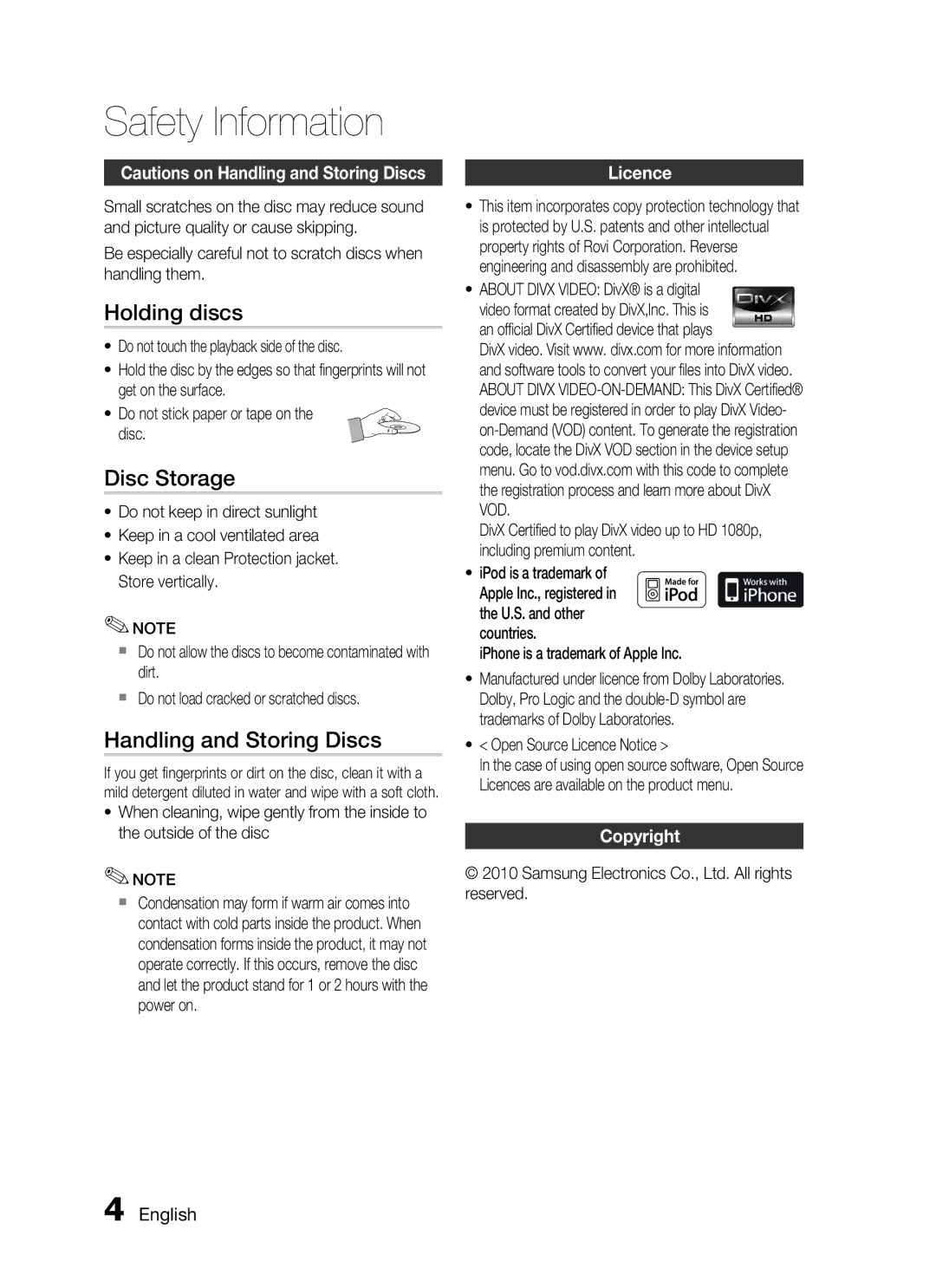 Samsung HT-C755W/MEA, HT-C7550W/MEA manual Holding discs, Disc Storage, Handling and Storing Discs, Licence, Copyright 