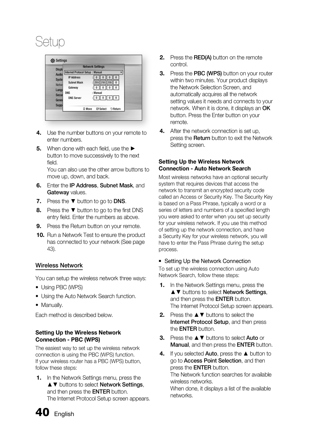 Samsung HT-C755W/MEA, HT-C7550W/MEA manual Wireless Network, Setting up the Wireless network Connection PBC WPS 