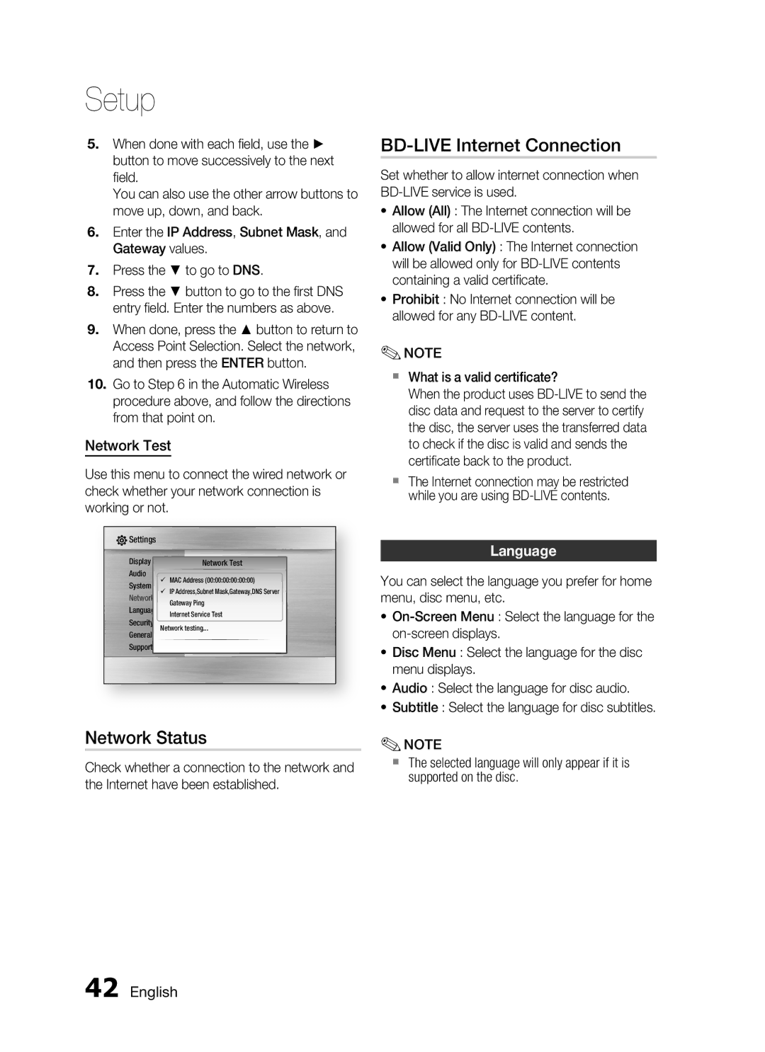 Samsung HT-C755W/MEA, HT-C7550W/MEA manual Network Status, BD-LIVE Internet Connection, Network Test, Language 