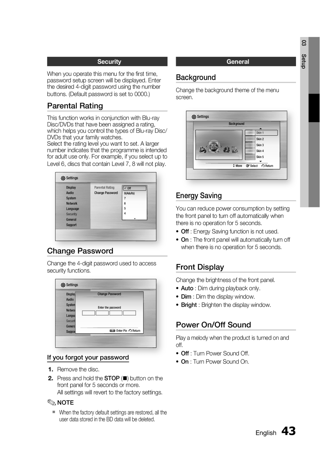 Samsung HT-C7550W/MEA manual Parental Rating, Change Password, Background, Energy Saving, Front Display, Power On/Off Sound 