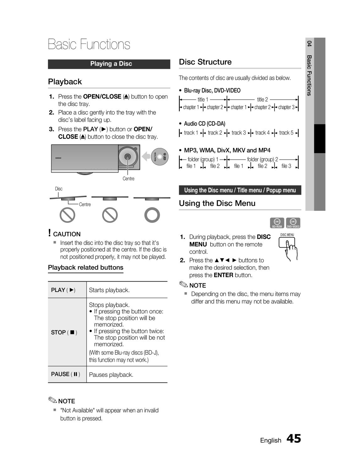 Samsung HT-C7550W/MEA, HT-C755W/MEA manual Basic Functions, Playback, Disc Structure, Using the Disc Menu, Playing a Disc 