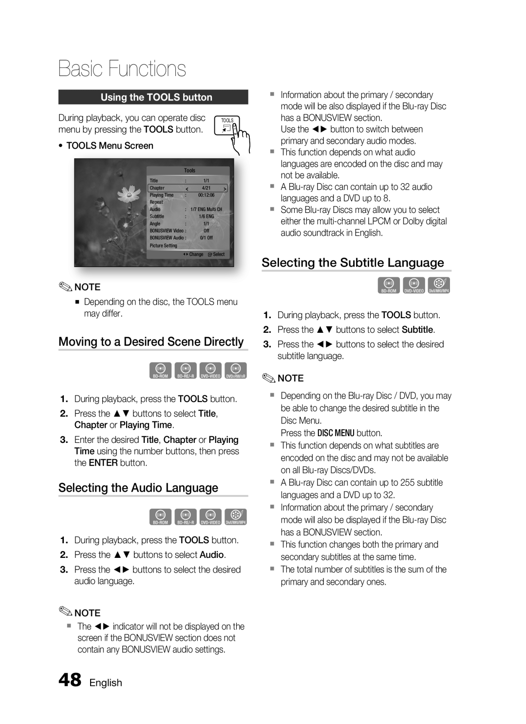 Samsung HT-C755W/MEA Moving to a Desired Scene Directly, Selecting the Audio Language, Selecting the Subtitle Language 