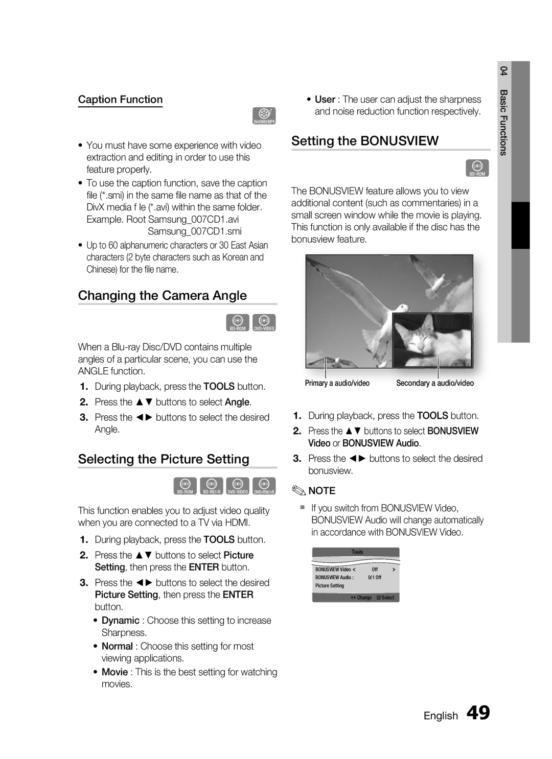 Samsung HT-C7550W/MEA Changing the Camera Angle, Selecting the Picture Setting, Setting the Bonusview, Caption Function 