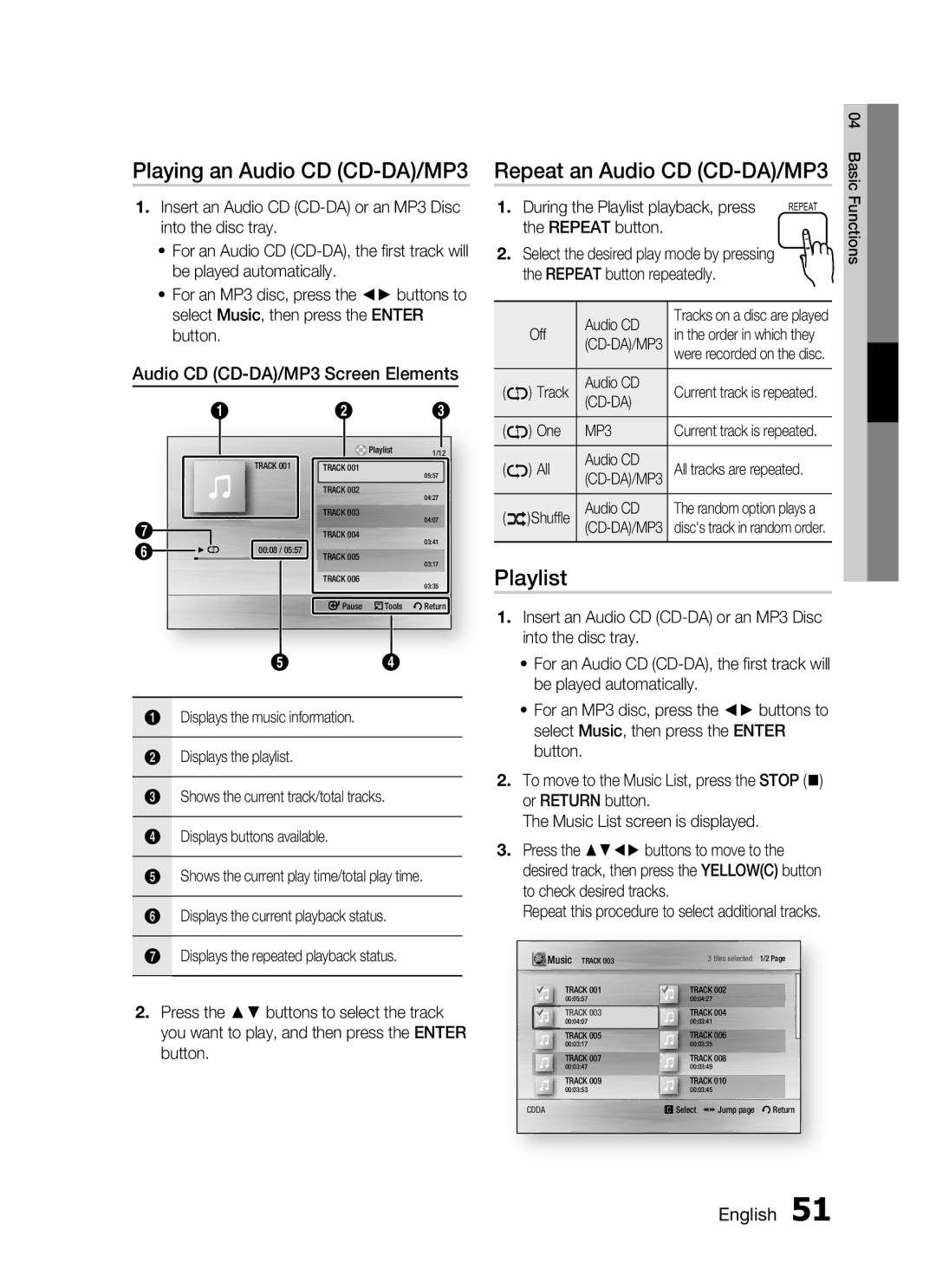 Samsung HT-C7550W/MEA, HT-C755W/MEA manual Playing an Audio CD CD-DA/MP3, Repeat an Audio CD CD-DA/MP3, Playlist 