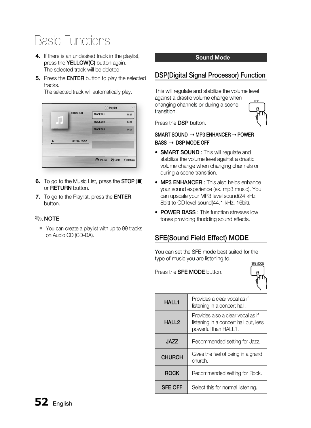 Samsung HT-C755W/MEA, HT-C7550W/MEA manual DSPDigital Signal Processor Function, SFESound Field Effect Mode, Sound mode 