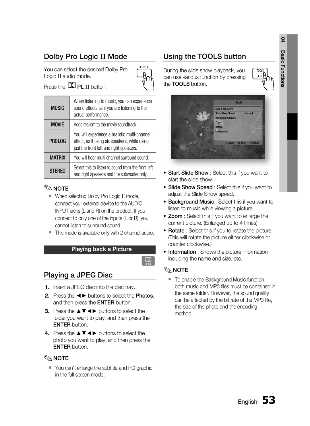 Samsung HT-C7550W/MEA Dolby Pro Logic II Mode, Playing a Jpeg Disc, Using the Tools button, Playing back a Picture, Music 