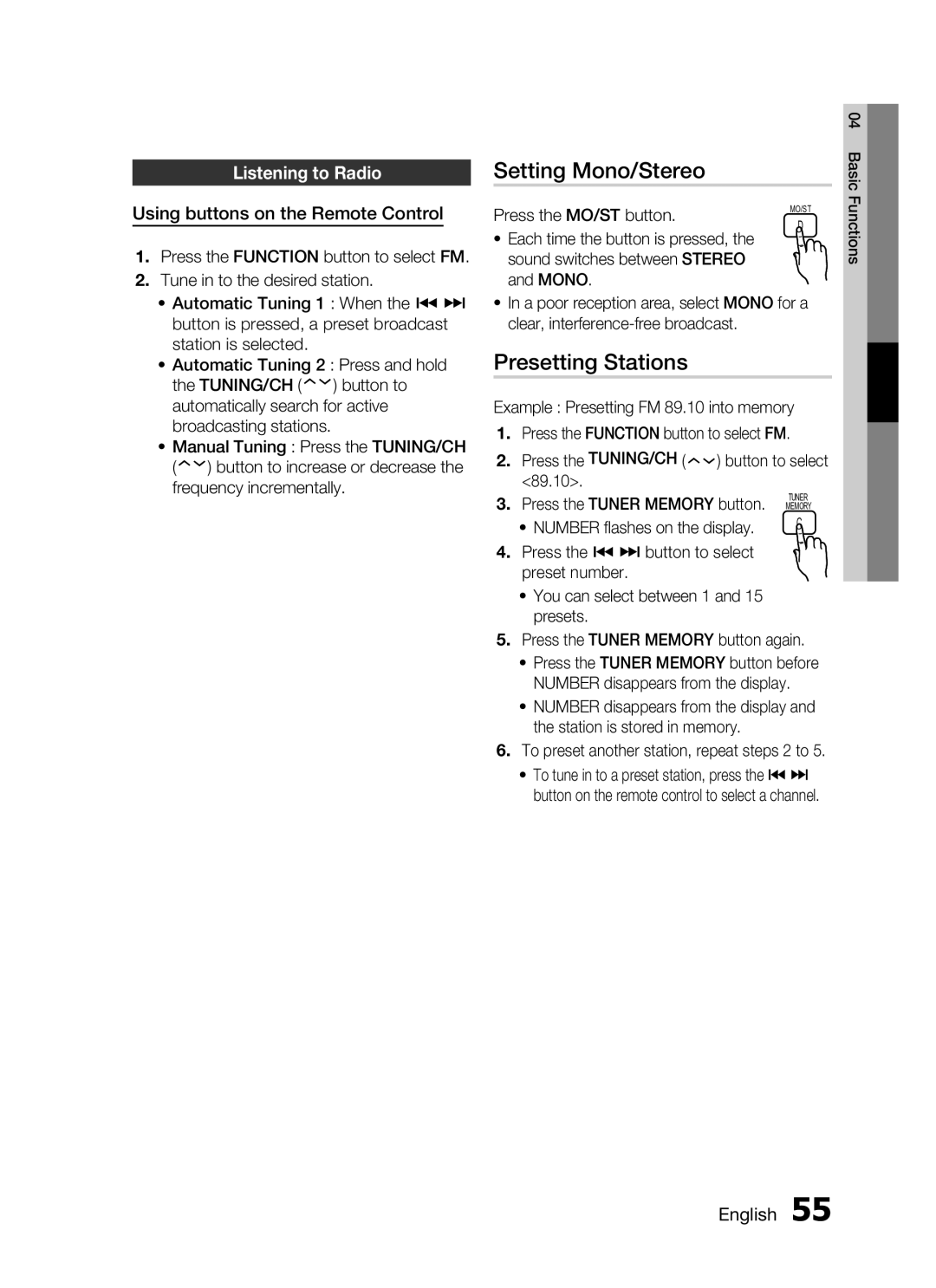 Samsung HT-C7550W/MEA, HT-C755W/MEA manual Presetting Stations, Listening to Radio, Using buttons on the Remote Control 