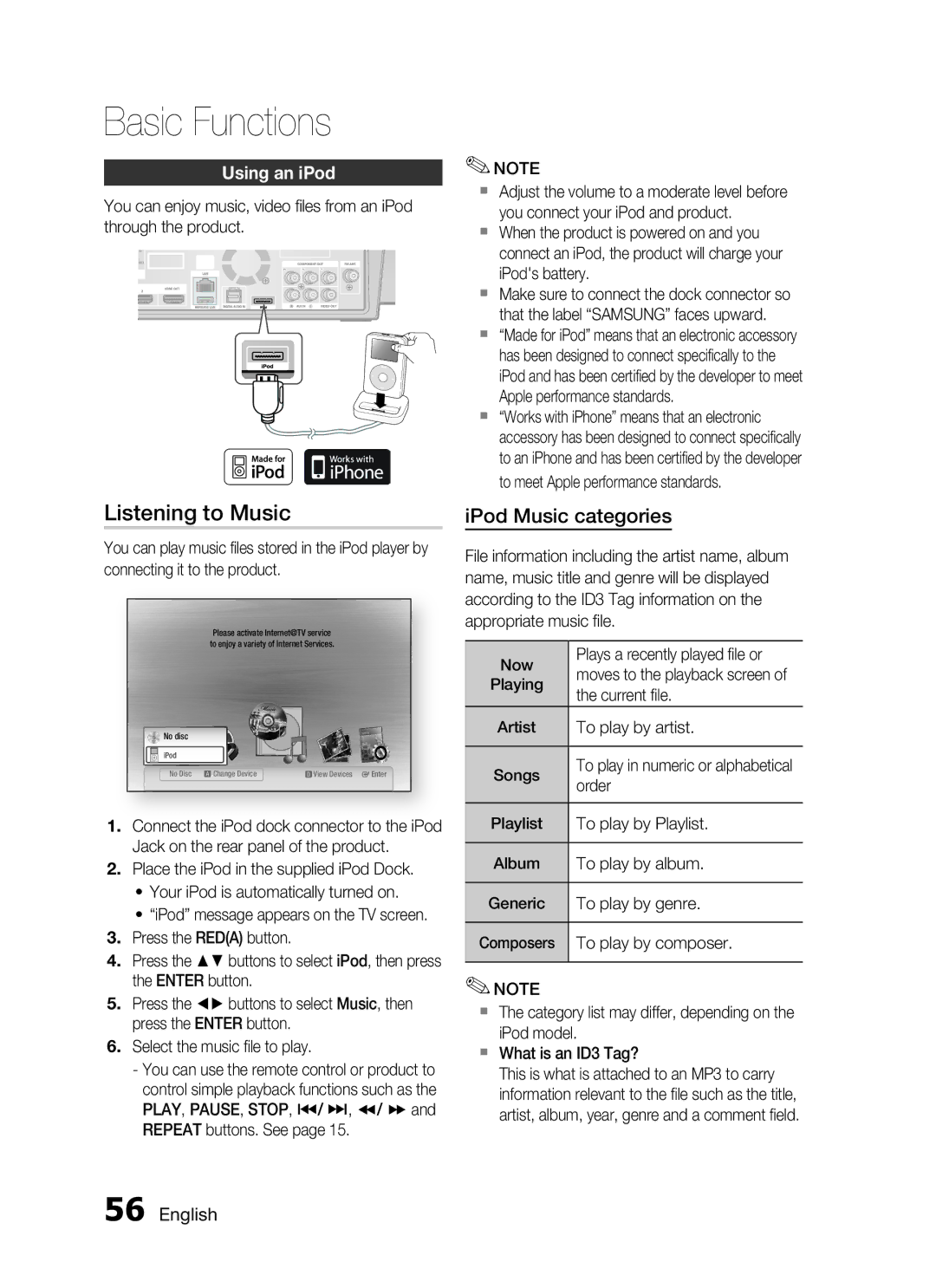 Samsung HT-C755W/MEA, HT-C7550W/MEA manual Listening to Music, Using an iPod 