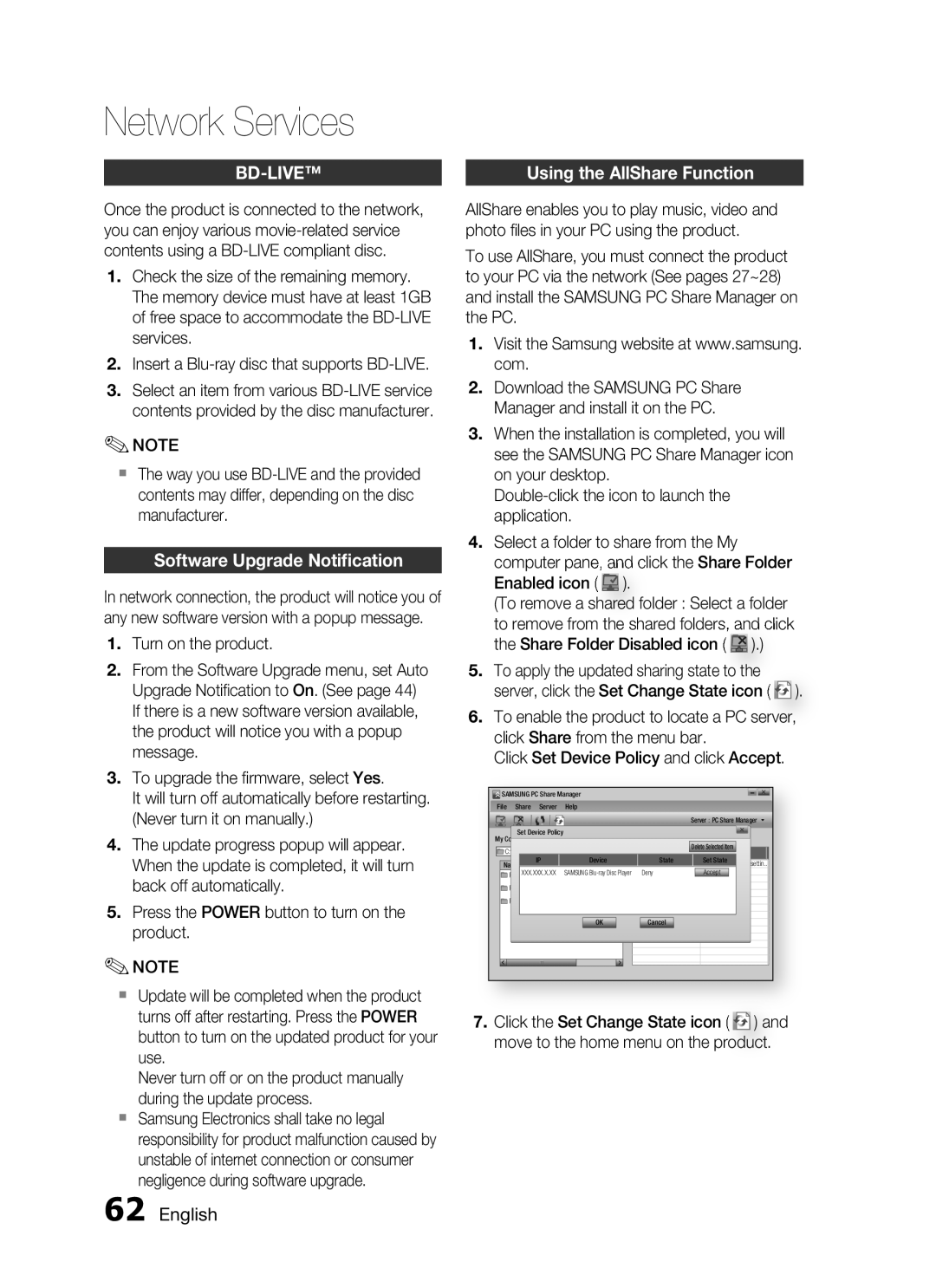 Samsung HT-C755W/MEA, HT-C7550W/MEA manual BD-LIve Using the allShare function, Software upgrade notification 