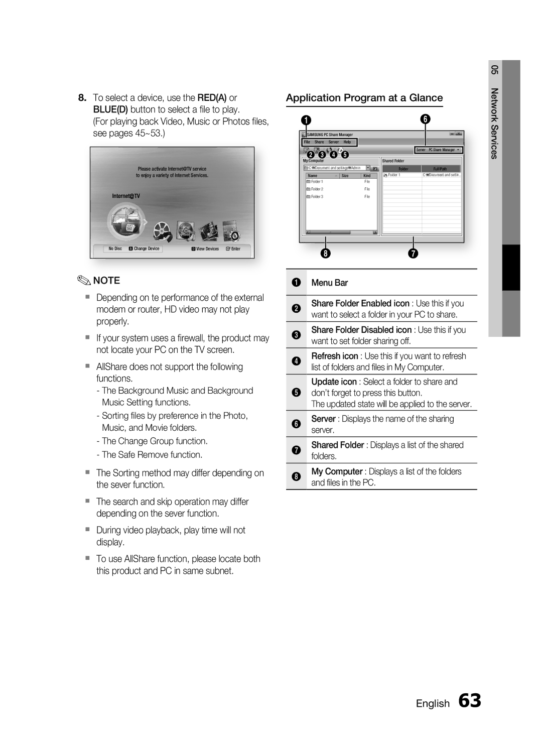 Samsung HT-C7550W/MEA manual Application Program at a Glance,  During video playback, play time will not display, Menu Bar 