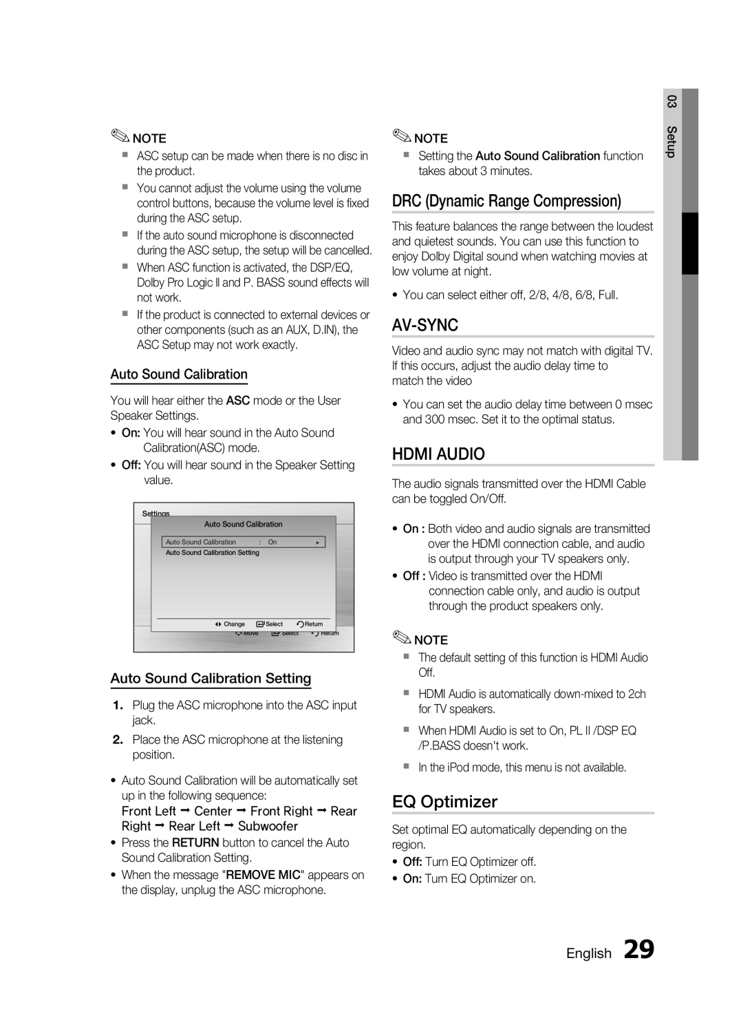 Samsung HT-C755W/KE, HT-C755W/MEA, HT-C755W/SAH, HT-C755W/HAC, HT-C755W/LAG EQ Optimizer, Auto Sound Calibration Setting 