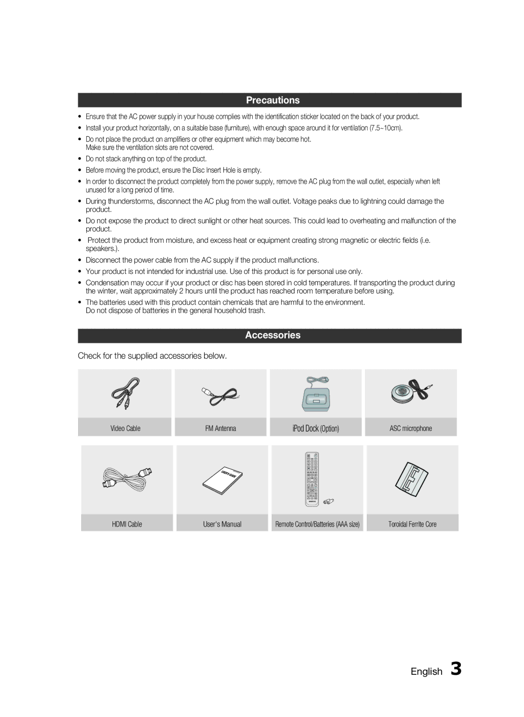 Samsung HT-C755W/HAC, HT-C755W/MEA Precautions, Accessories, Check for the supplied accessories below, IPod Dock Option 