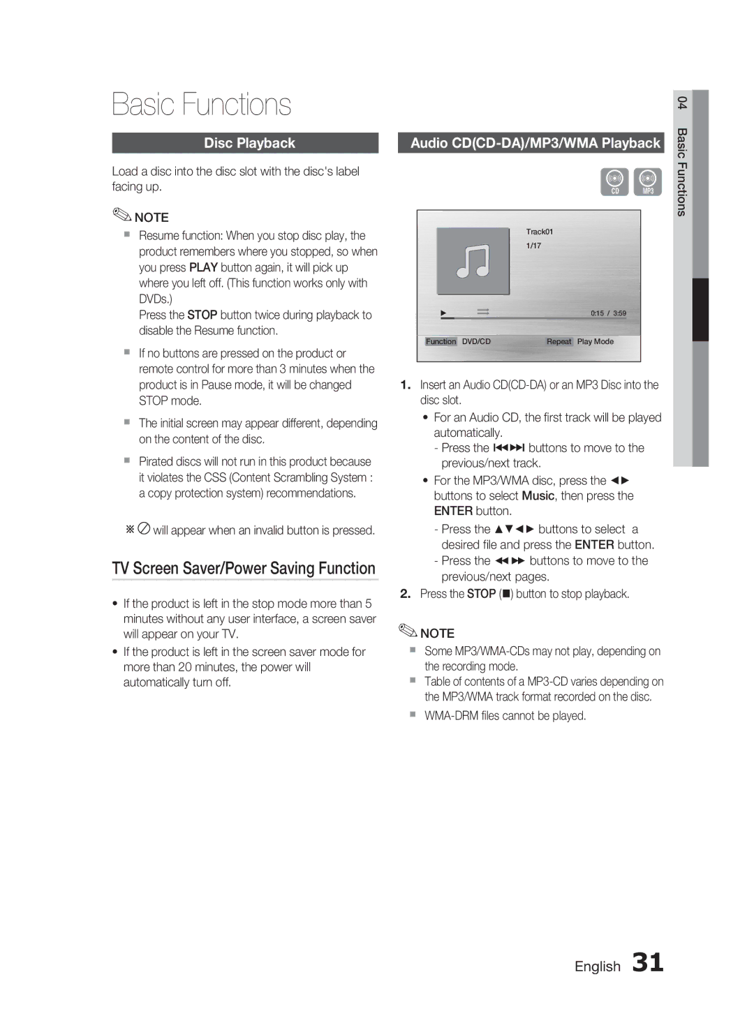 Samsung HT-C755W/HAC Basic Functions, TV Screen Saver/Power Saving Function, Disc Playback, Audio CDCD-DA/MP3/WMA Playback 