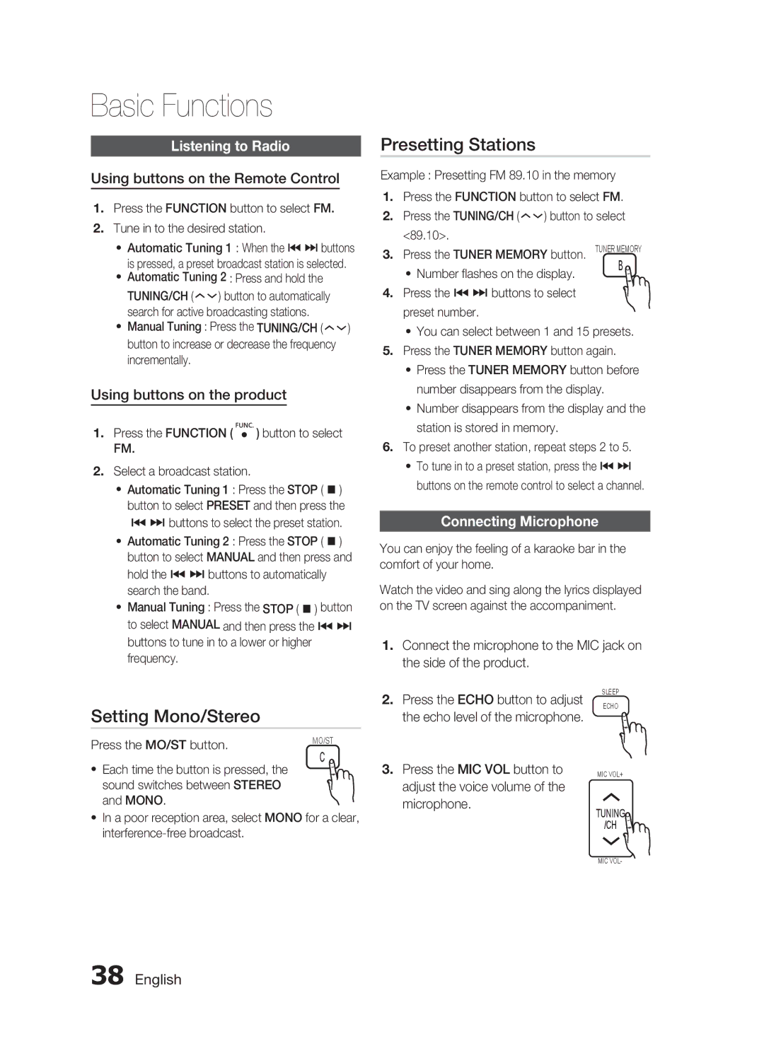 Samsung HT-C755W/HAC, HT-C755W/MEA Presetting Stations, Setting Mono/Stereo, Listening to Radio, Connecting Microphone 
