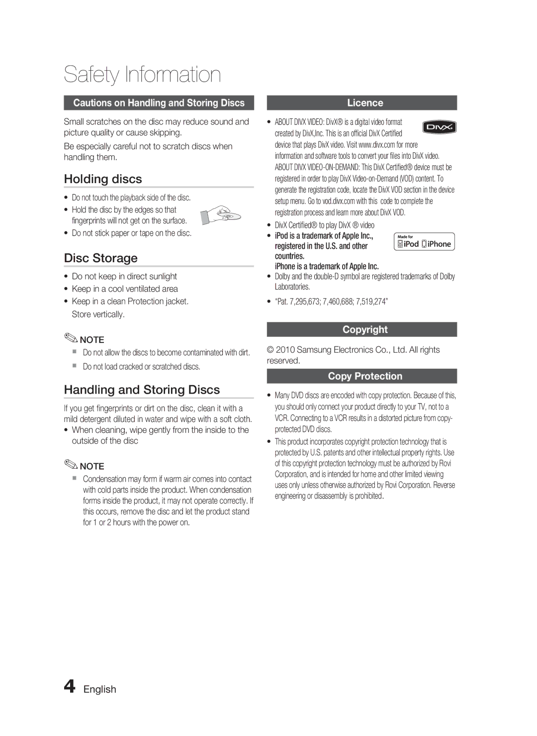 Samsung HT-C755W/LAG manual Holding discs, Disc Storage, Handling and Storing Discs, Licence, Copyright Copy Protection 