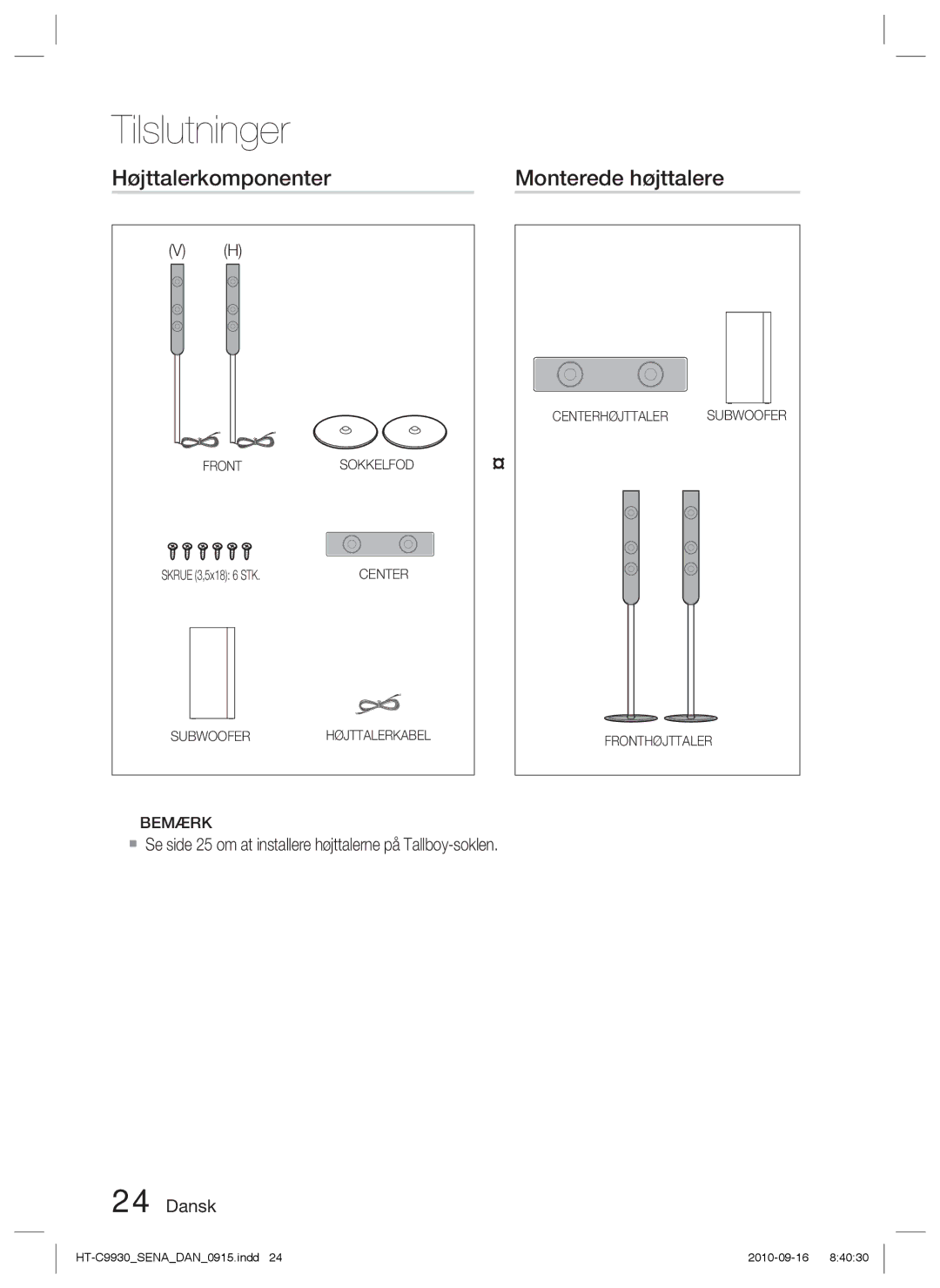 Samsung HT-C9930/XEE manual Højttalerkomponenter Monterede højttalere 