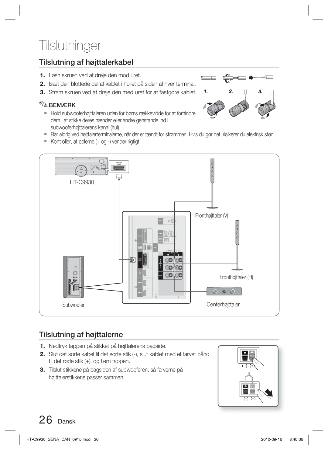 Samsung HT-C9930/XEE manual Tilslutning af højttalerkabel, Tilslutning af højttalerne 