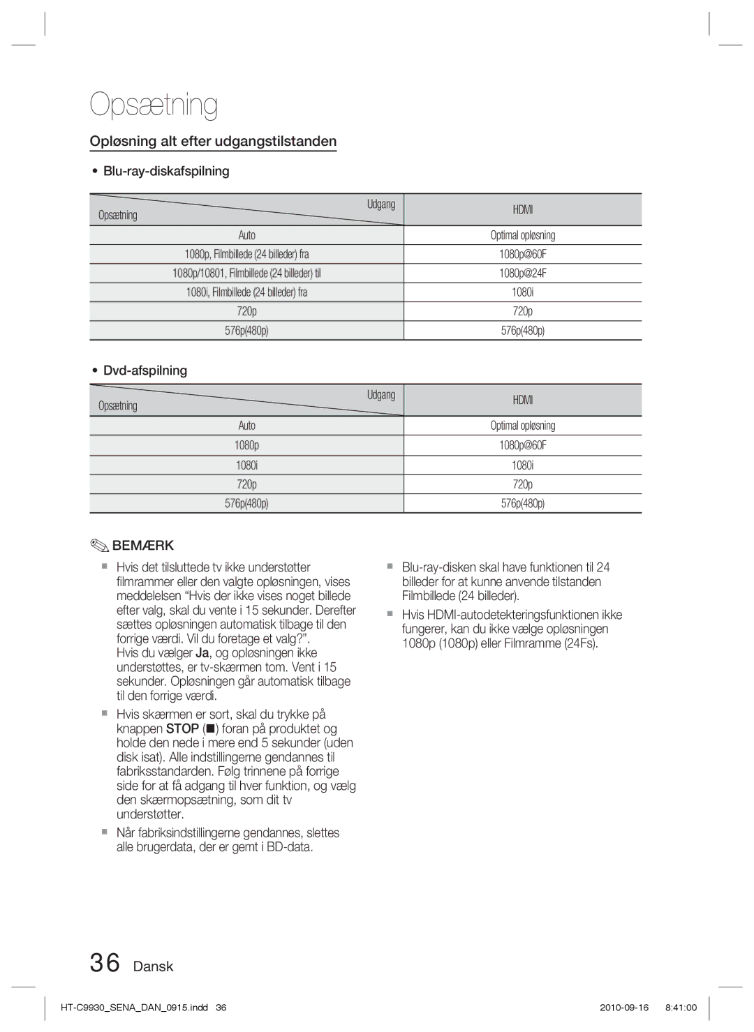 Samsung HT-C9930/XEE manual Opløsning alt efter udgangstilstanden, Blu-ray-diskafspilning Opsætning, Hdmi 