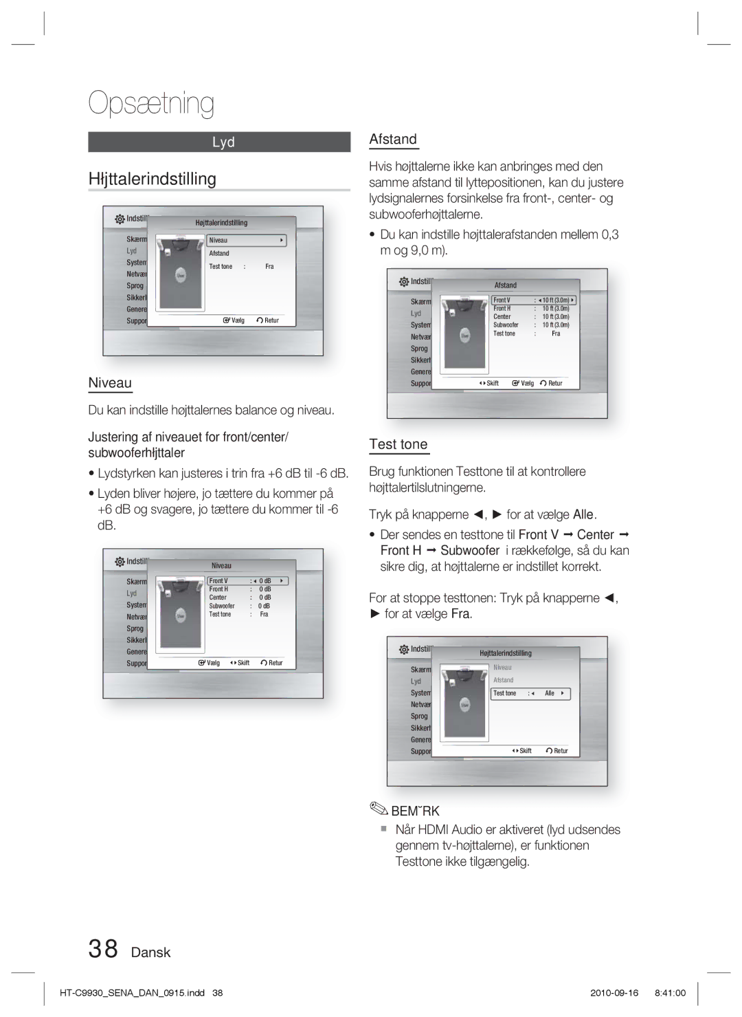 Samsung HT-C9930/XEE manual Højttalerindstilling, Lyd, Niveau, Afstand, Test tone 