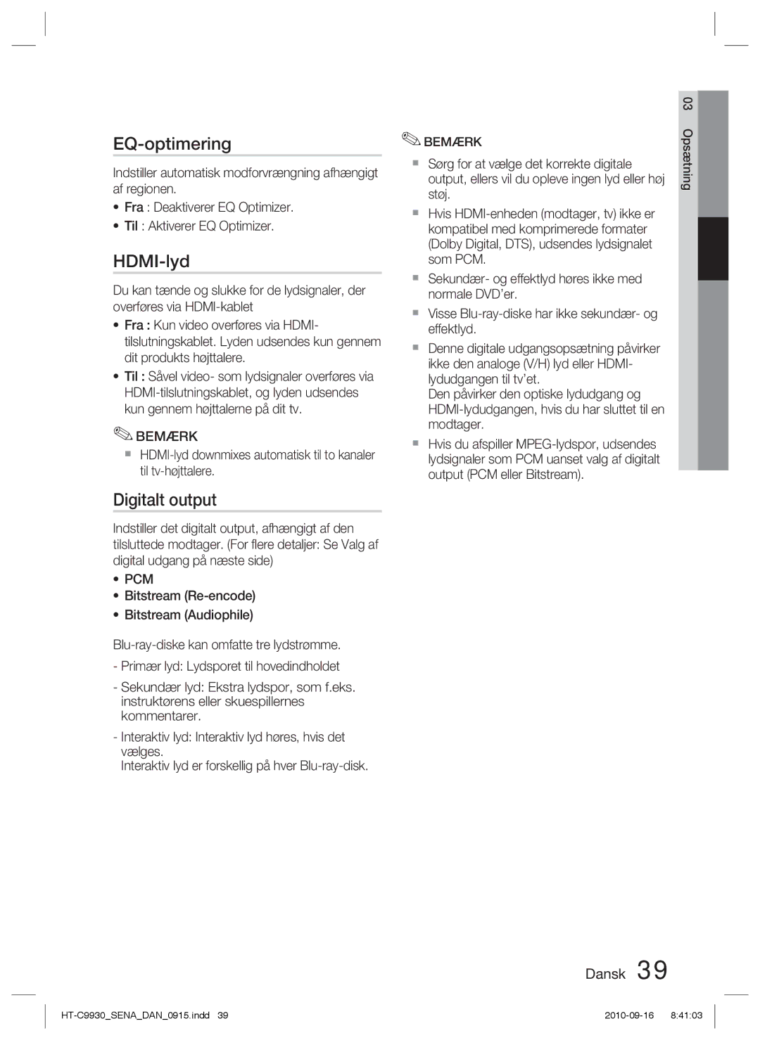 Samsung HT-C9930/XEE manual EQ-optimering, HDMI-lyd, Digitalt output 