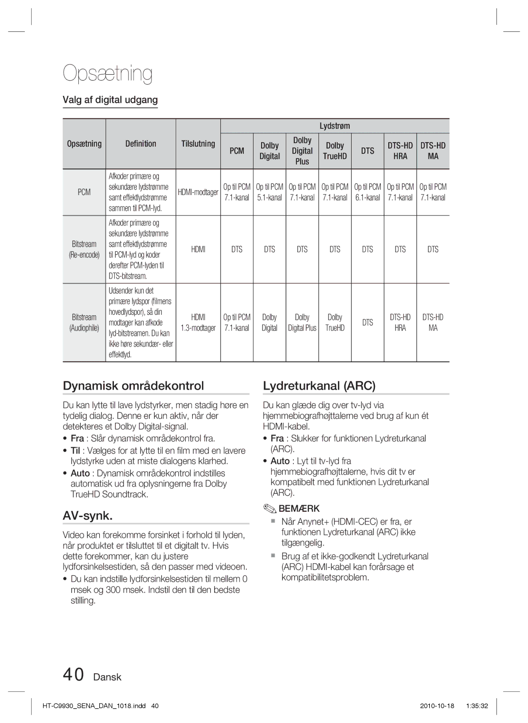 Samsung HT-C9930/XEE manual Dynamisk områdekontrol, AV-synk, Lydreturkanal ARC, Valg af digital udgang 