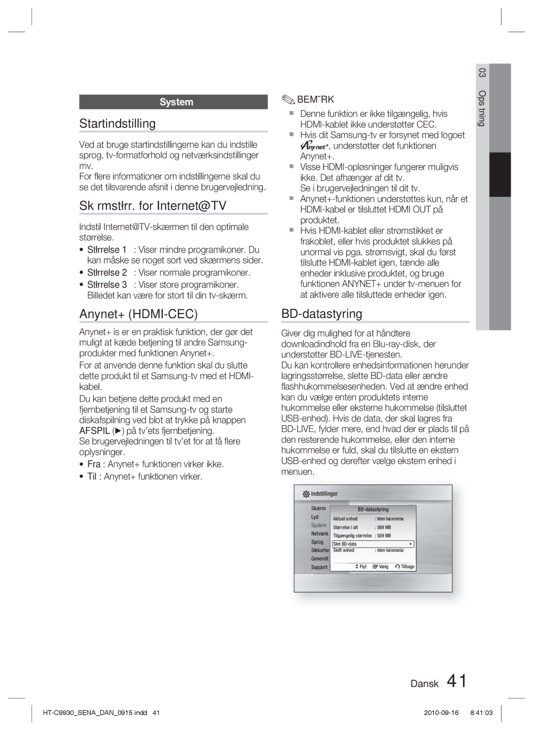 Samsung HT-C9930/XEE manual Startindstilling, Skærmstørr. for Internet@TV, Anynet+ HDMI-CEC, BD-datastyring, System 