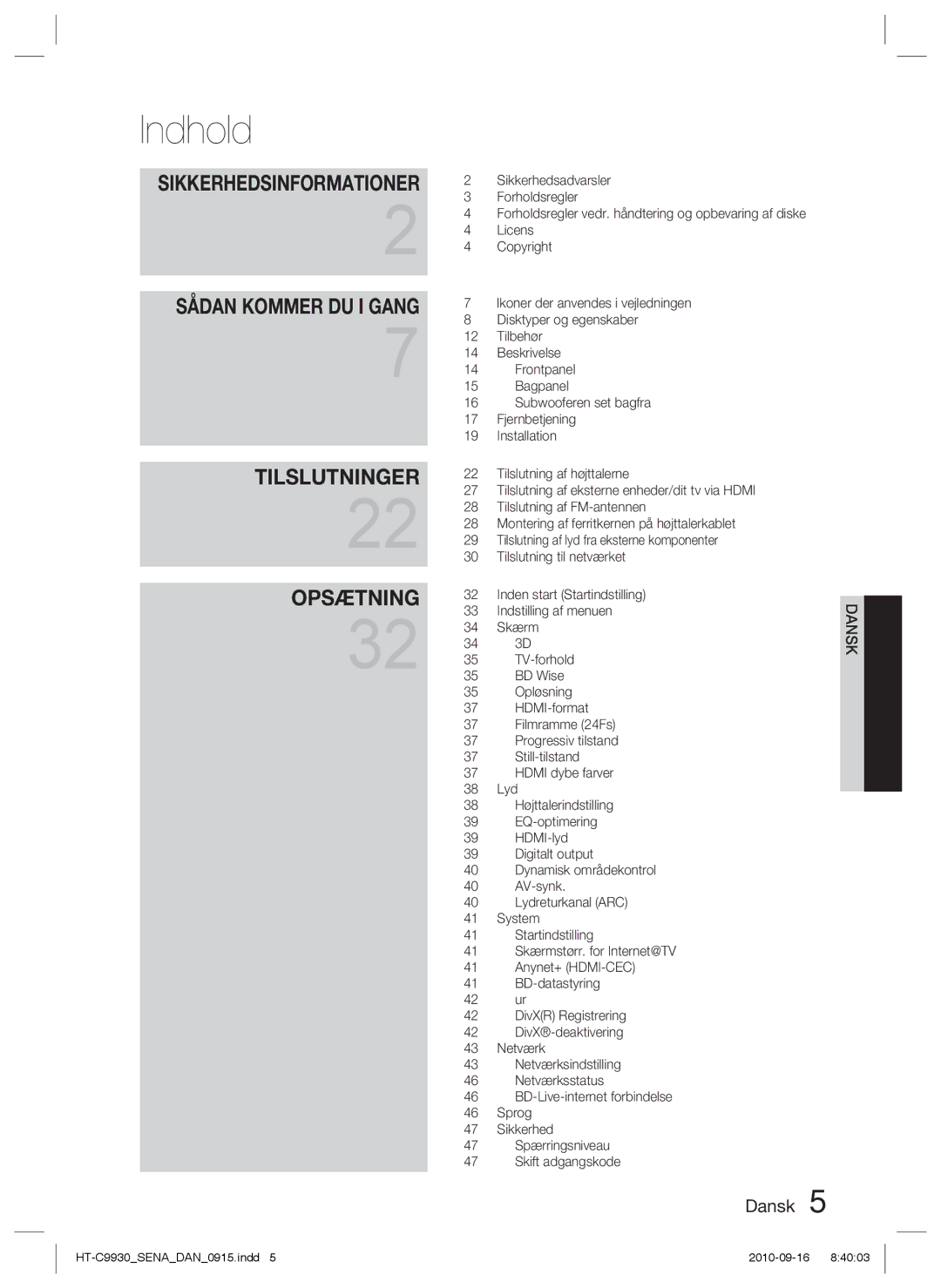 Samsung HT-C9930/XEE manual Indhold, Sikkerhedsinformationer 