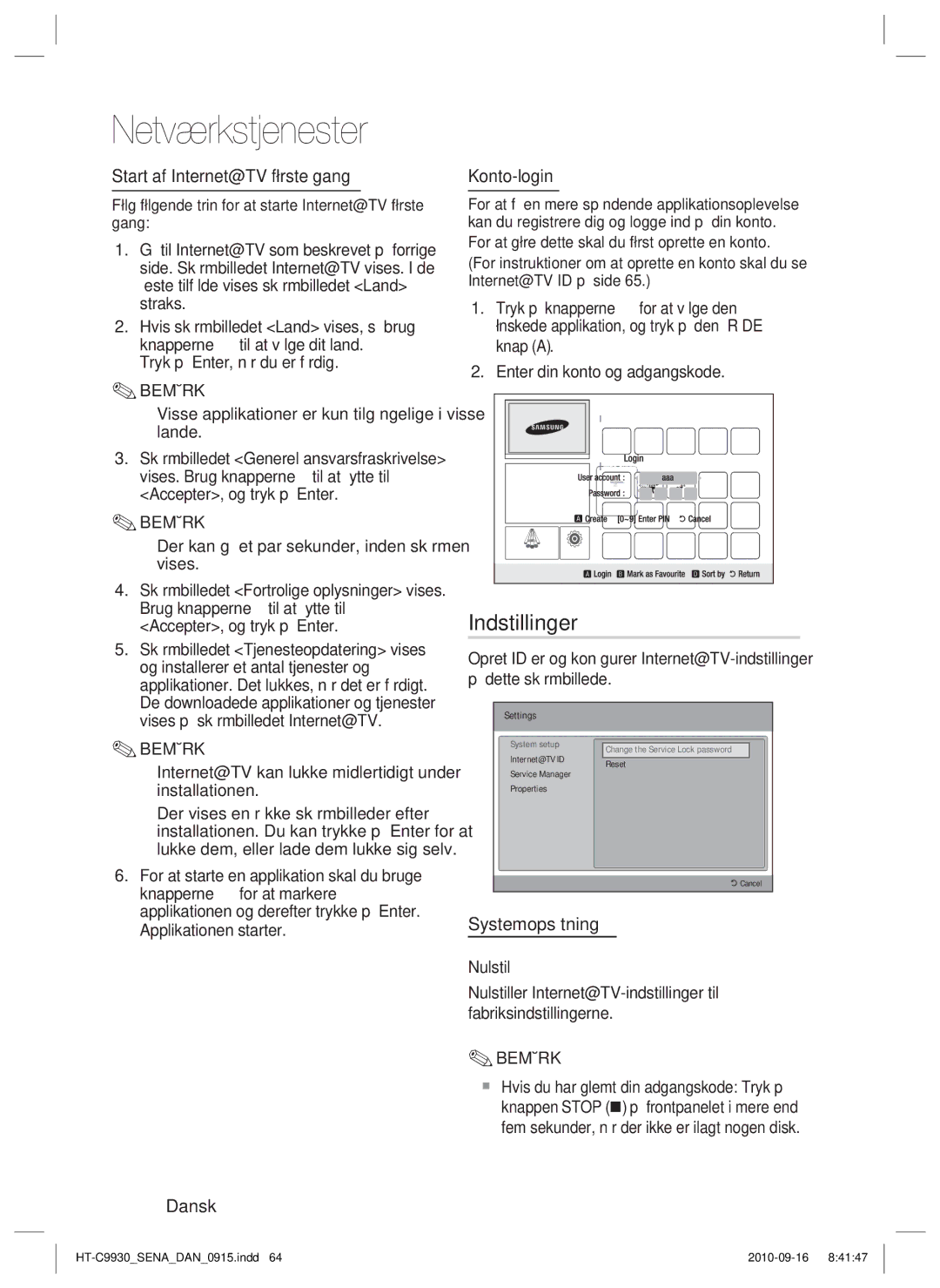 Samsung HT-C9930/XEE manual Indstillinger, Start af Internet@TV første gang, Konto-login, Systemopsætning 