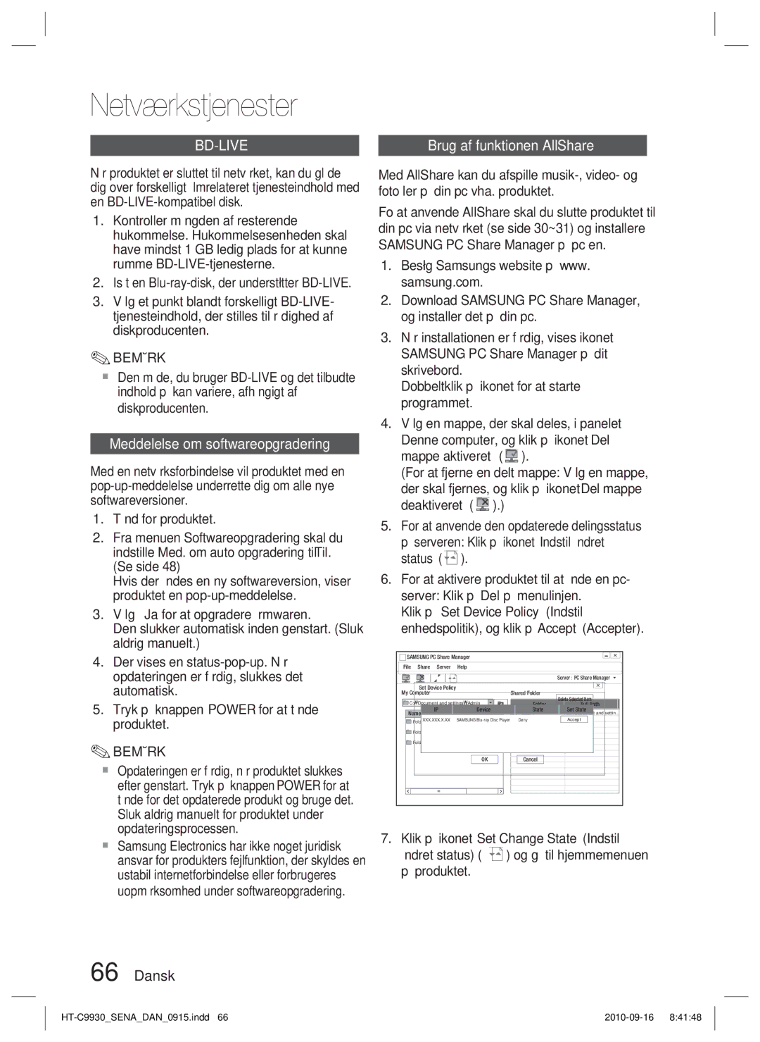 Samsung HT-C9930/XEE manual Bd-Live, Meddelelse om softwareopgradering 