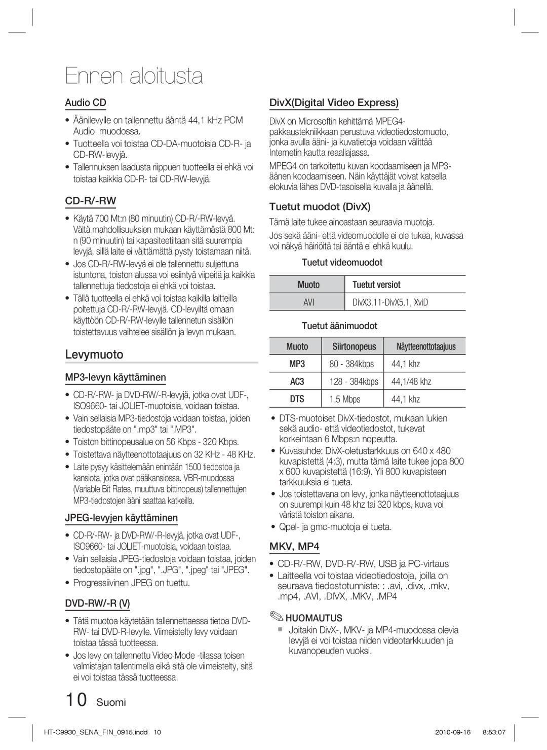 Samsung HT-C9930/XEE manual Levymuoto 