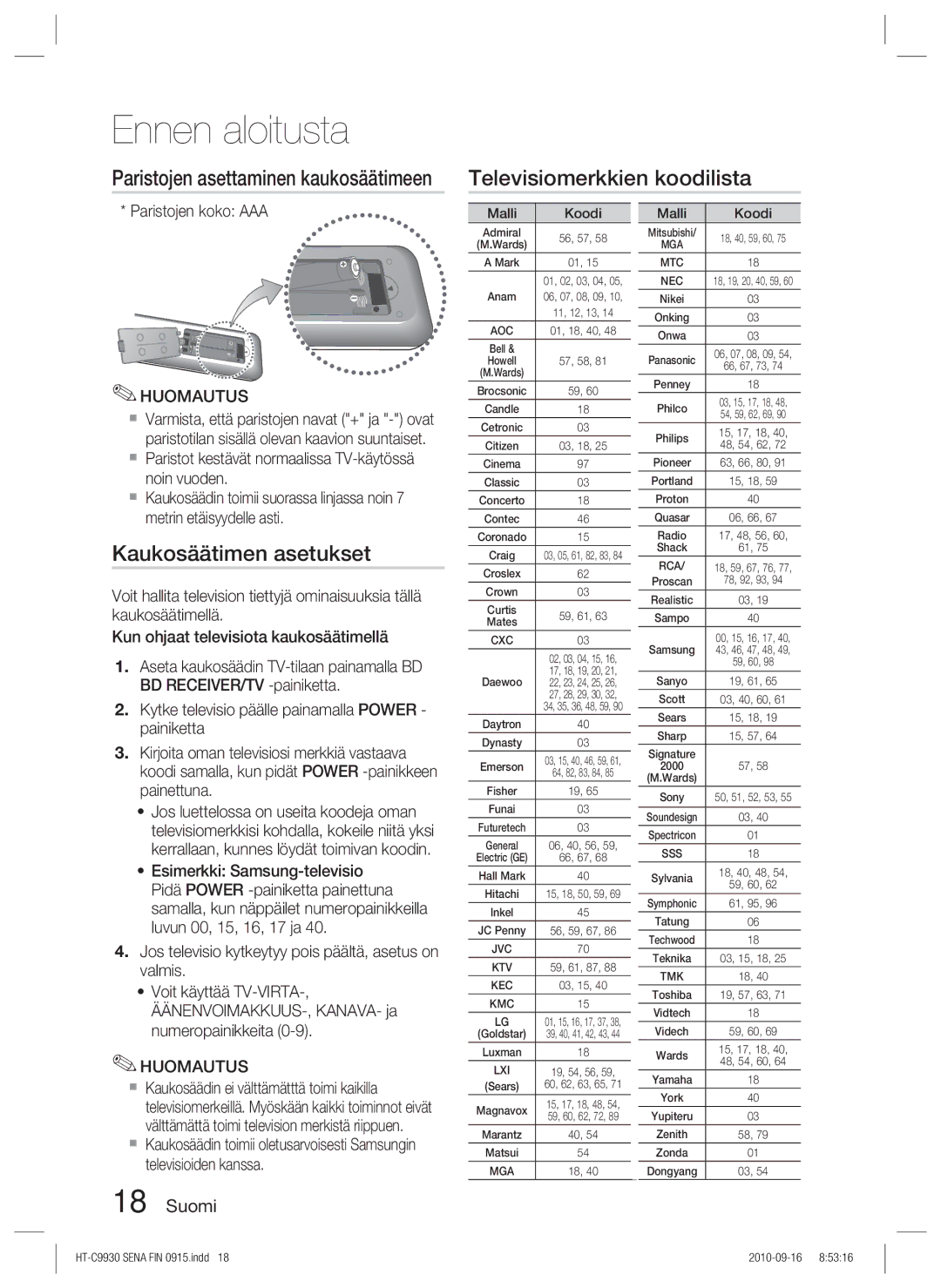 Samsung HT-C9930/XEE manual Televisiomerkkien koodilista, Kaukosäätimen asetukset, Paristojen koko AAA 