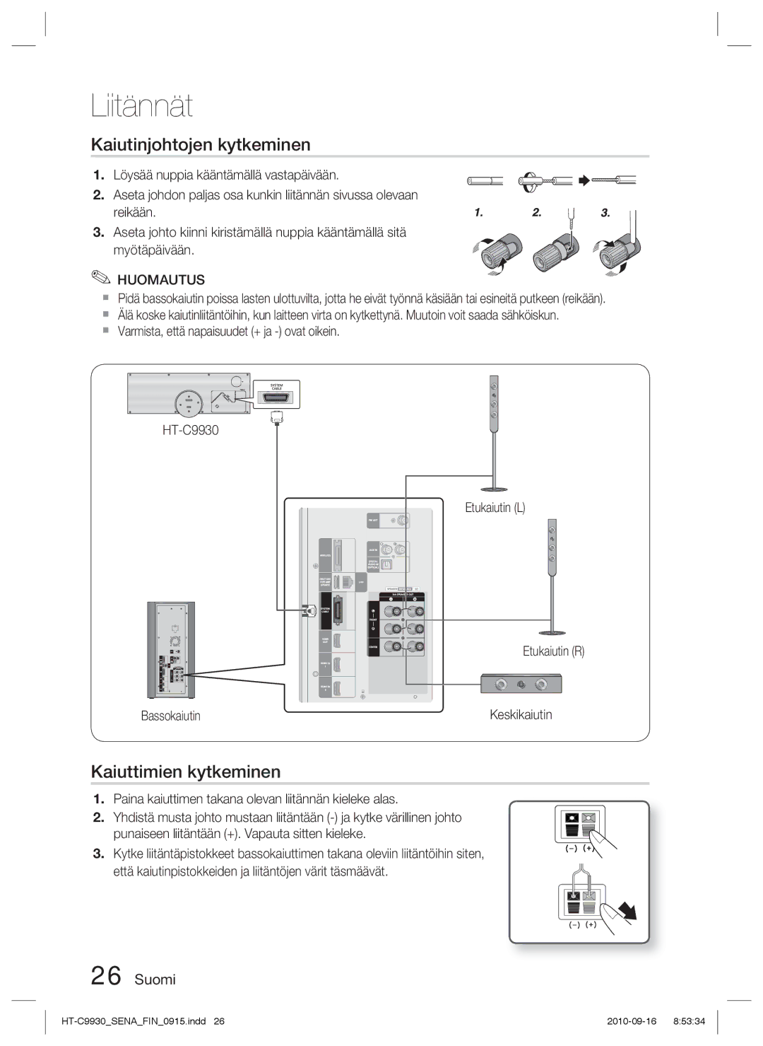 Samsung HT-C9930/XEE manual Kaiutinjohtojen kytkeminen, Kaiuttimien kytkeminen 