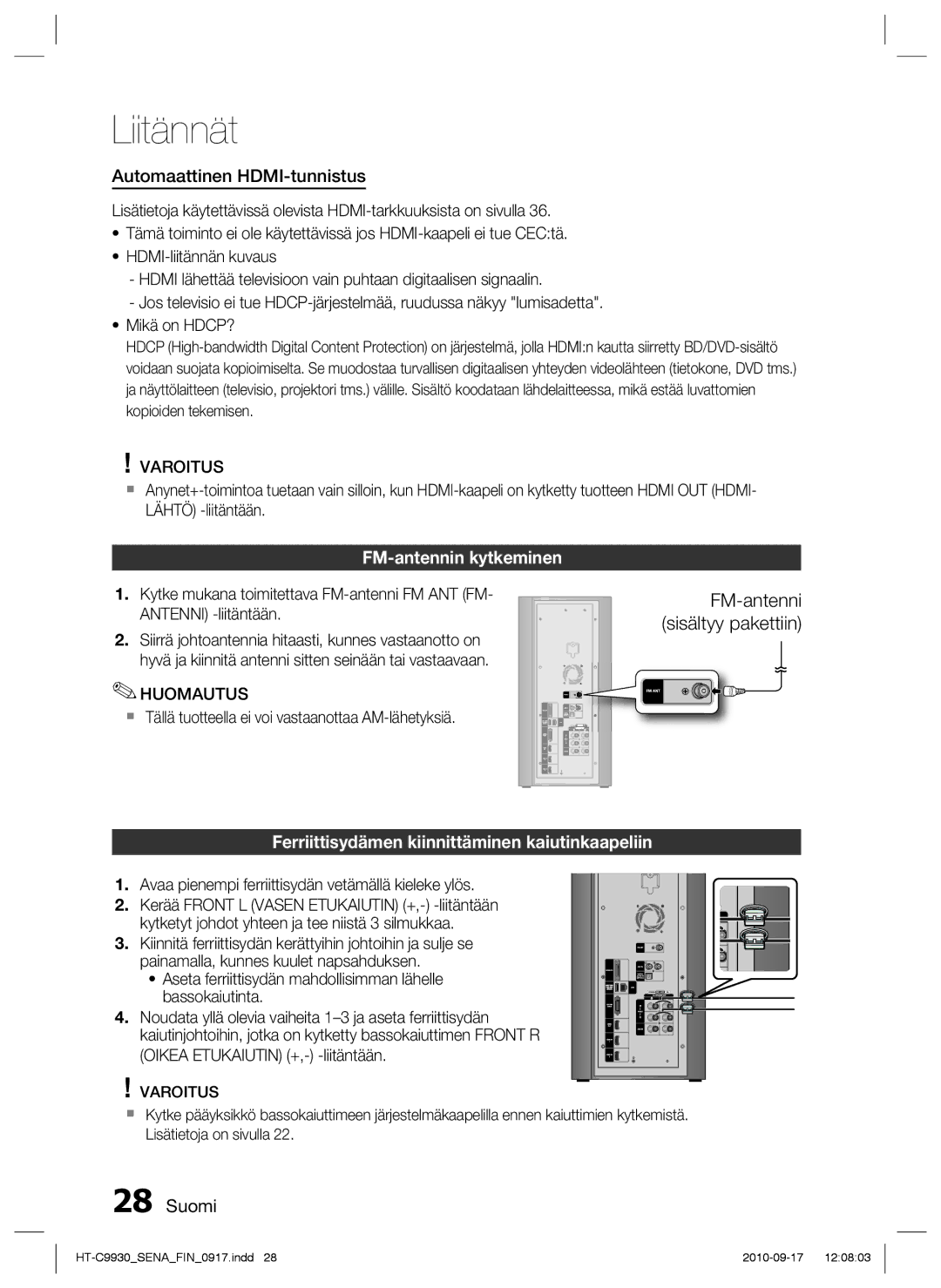 Samsung HT-C9930/XEE manual FM-antennin kytkeminen, Ferriittisydämen kiinnittäminen kaiutinkaapeliin 